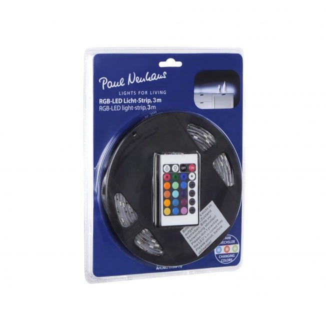 Verpackung eines 3?m LED-Strips von Leuchten Direkt mit Fernbedienung frontal fotografiert RGB innen geeignet
