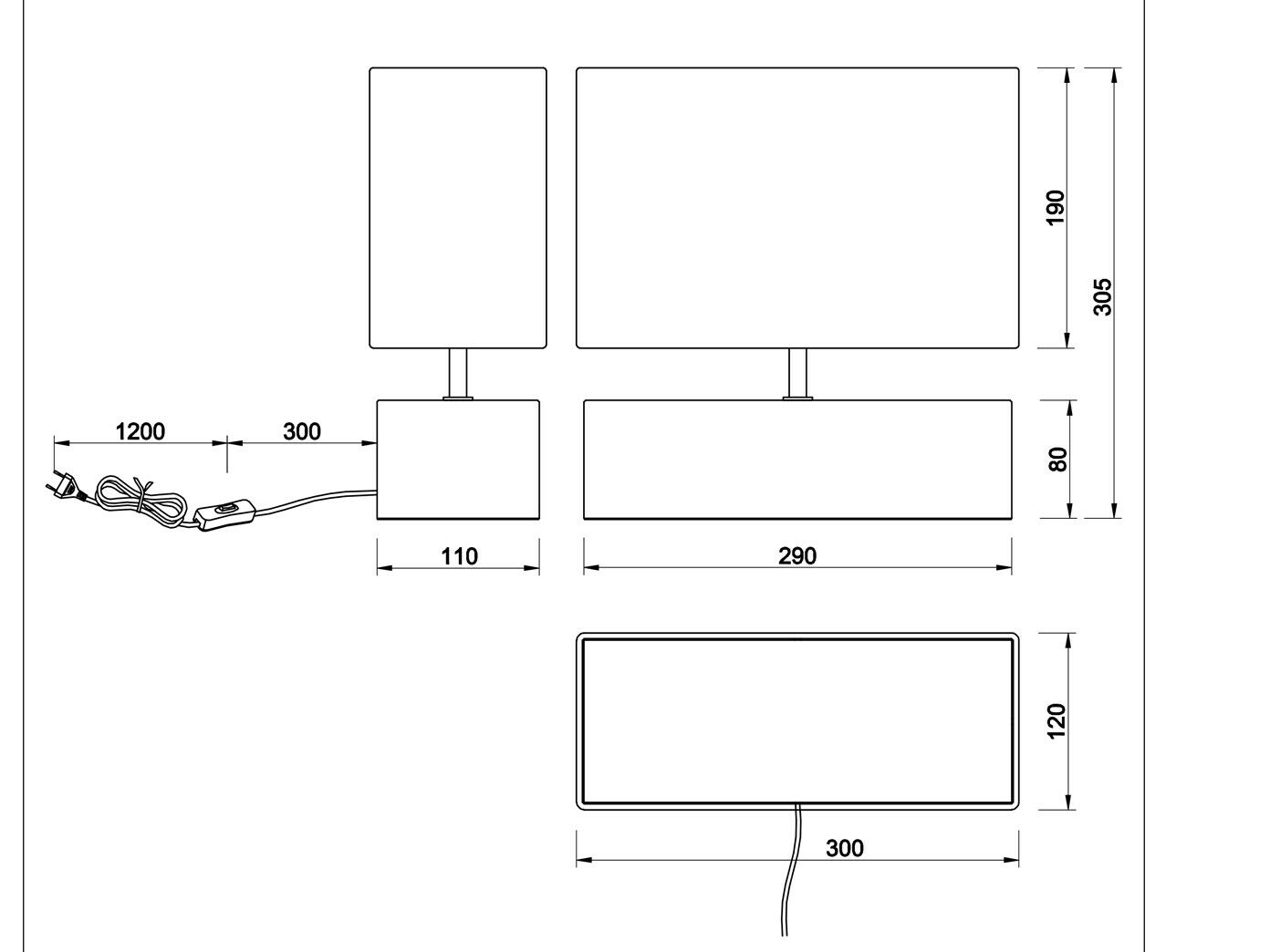 Technische Zeichnung einer Lampe Technische Zeichnung einer Lampe mit Maßen 110 x 290 x 305 mm, Kabel 1500 mm, Draufsicht rechteckig