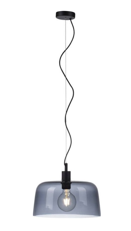 Moderne Hängelampe mit schwarzem Kabel und grauem Glasschirm Hängelampe mit schwarzem Kabel, rundem Baldachin und grauem Glasschirm, freihängend mit sichtbarem Leuchtmittel
