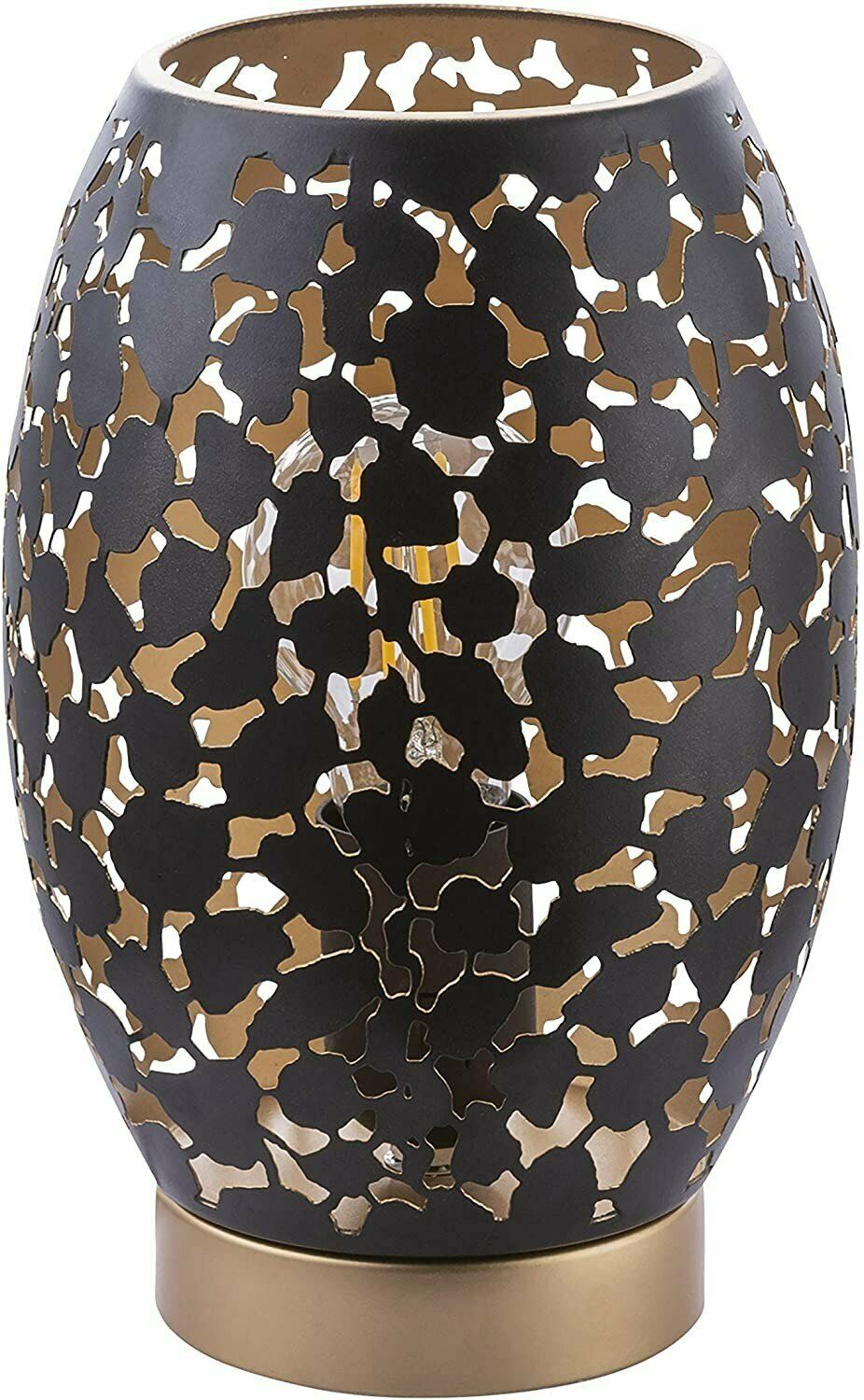 Dekorative zylindrische Lampe mit schwarzem Muster und goldener Innenfläche Zylindrische schwarze Lampe mit goldener Innenseite und filigranem Muster, goldfarbener Sockel