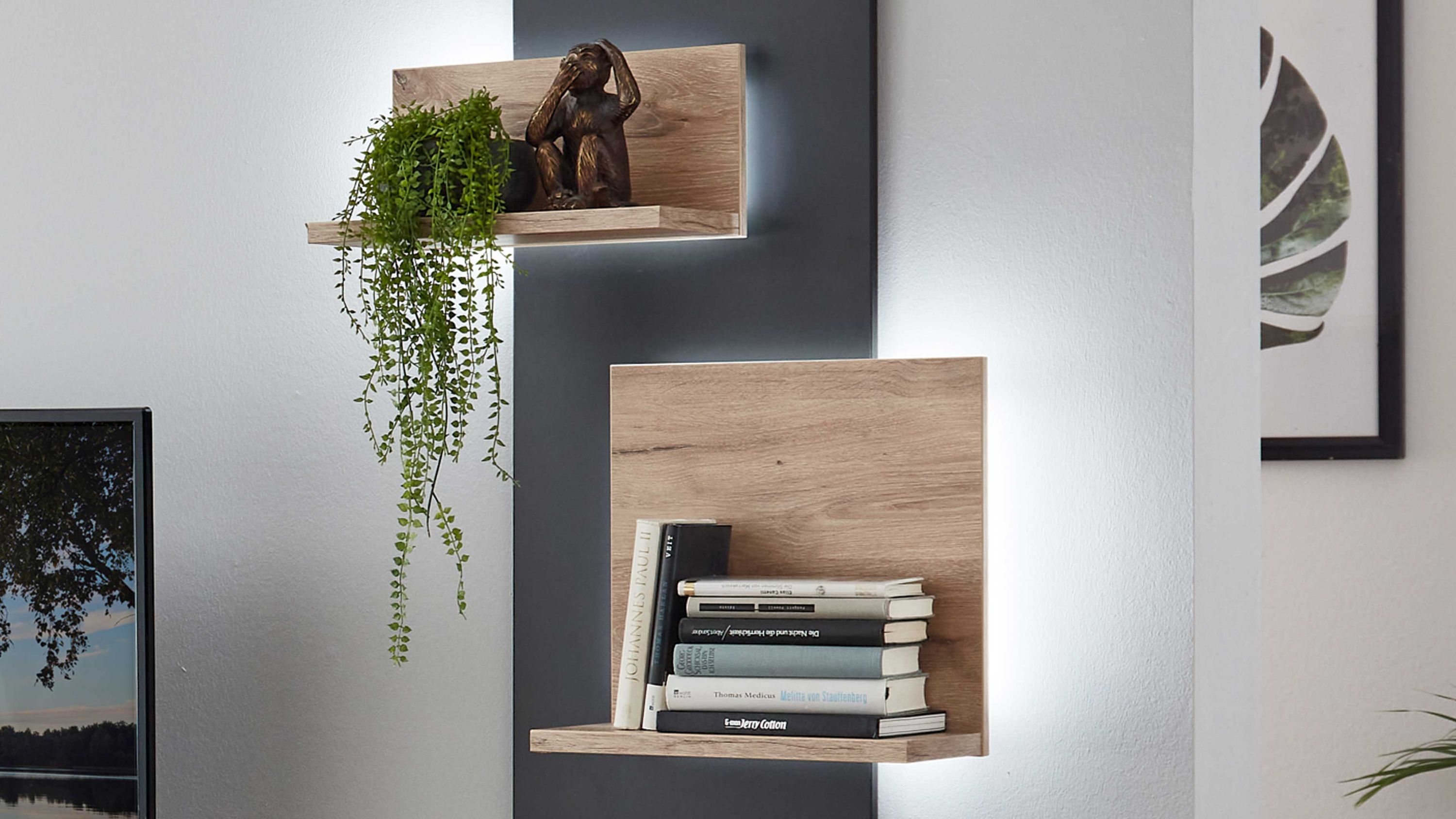 Zweiteiliges Wandregal mit LED-Beleuchtung in Holzoptik mit Büchern und Pflanze dekoriert