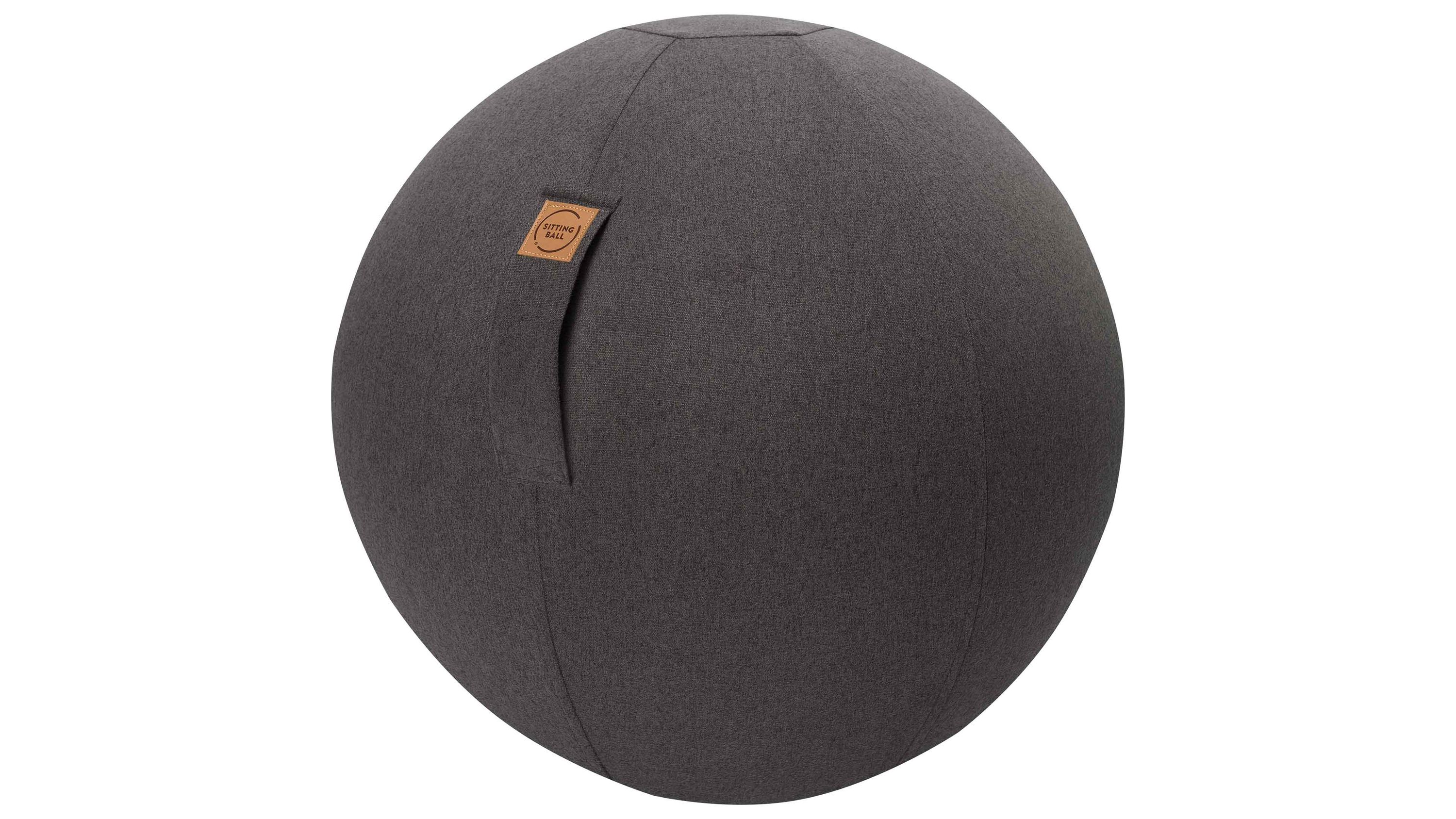 Runder Sitzball mit anthrazitfarbenem Bezug und sichtbarem Griff mit Logo