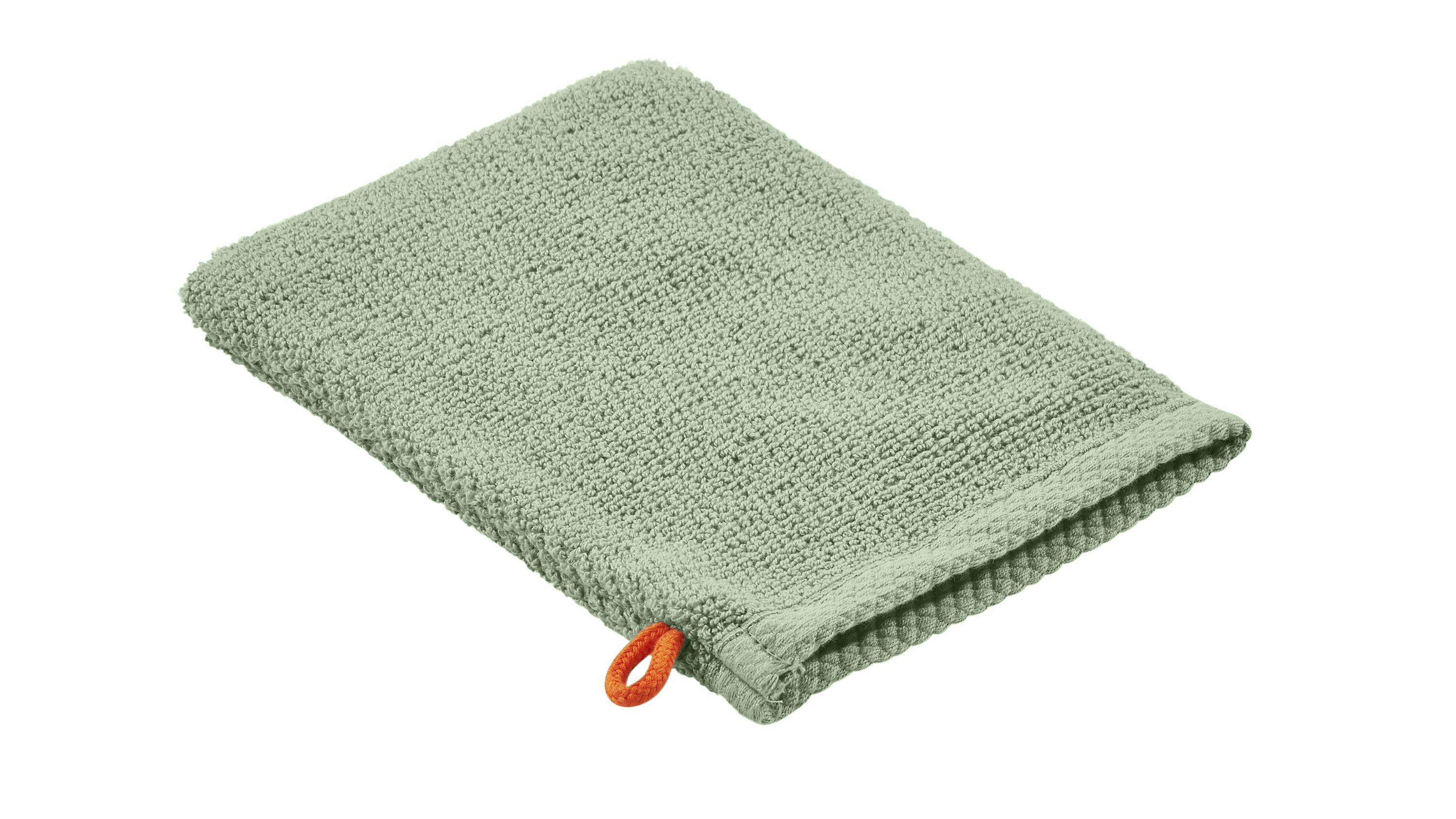 Rechteckiger grüner Waschhandschuh mit Schlaufe aus Textil