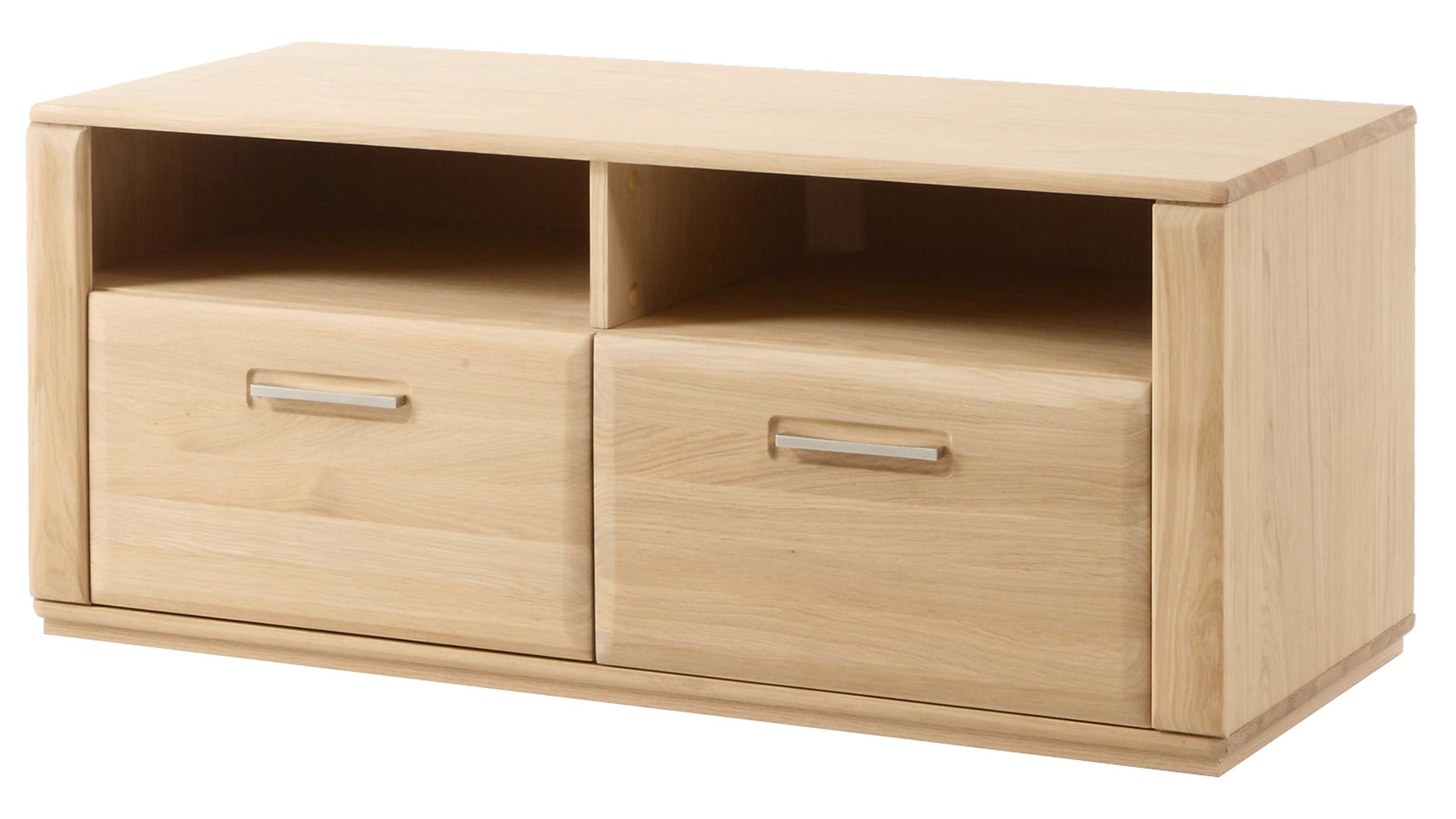 TV-Schrank mit zwei Schubladen und offenen Fächern aus hellem Holz Rechteckiger TV-Schrank aus hellem Holz mit zwei Schubladen und zwei offenen Fächern