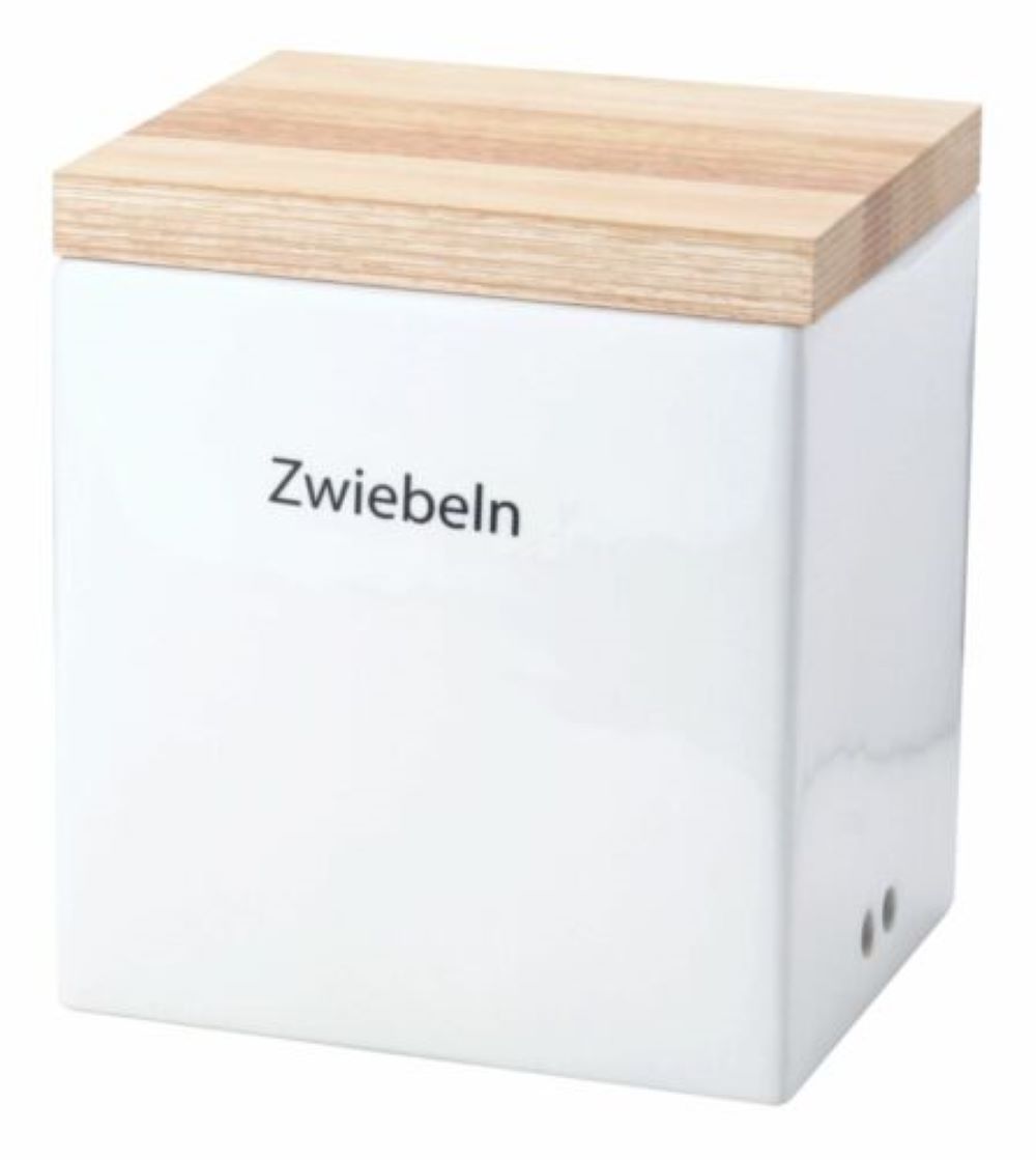 Rechteckige weiße Vorratsdose mit Holzdeckel und schwarzer Aufschrift Zwiebeln