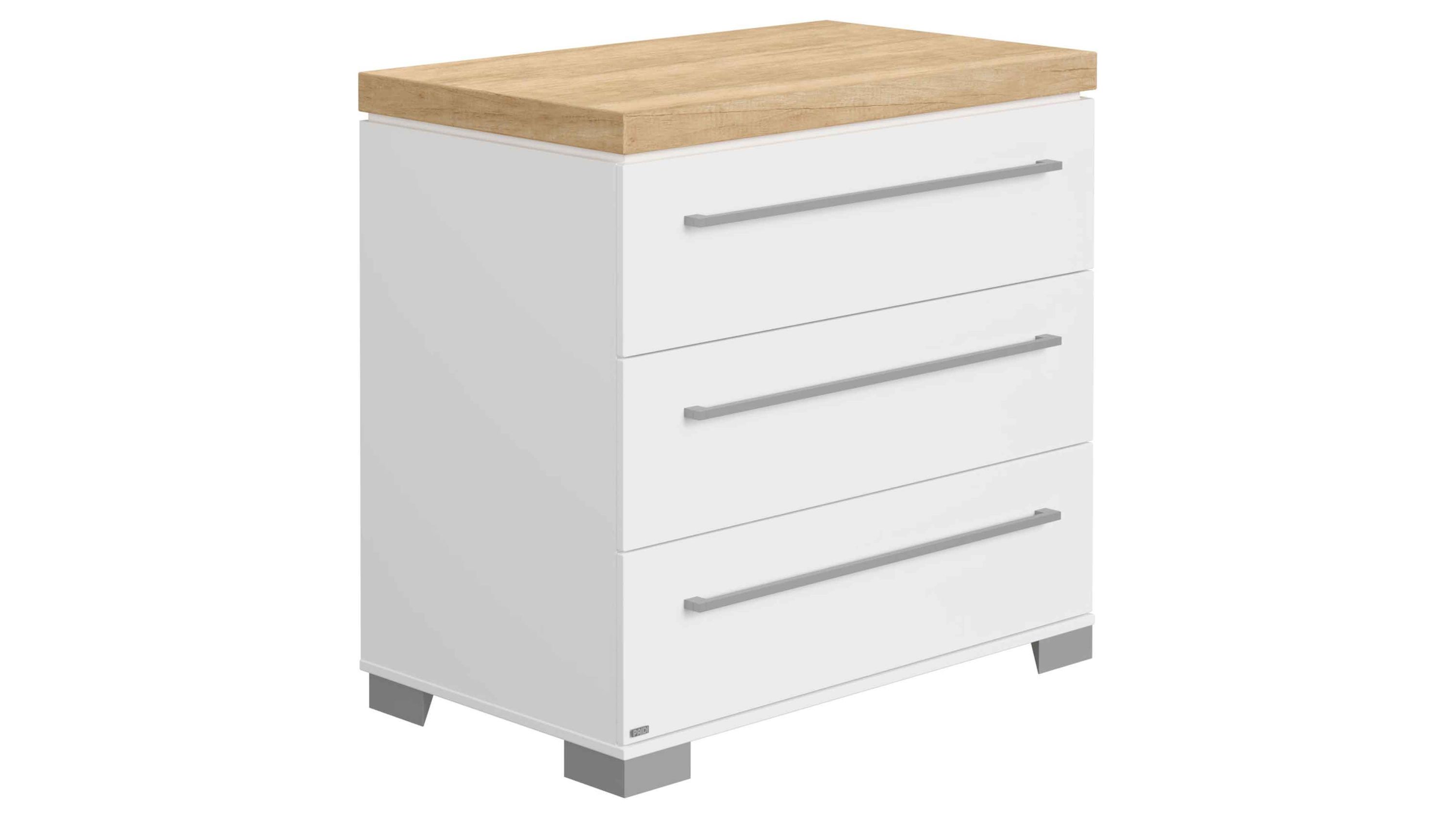Schubladenkommode mit drei weißen Schubladen und Holzplatte in heller Eiche