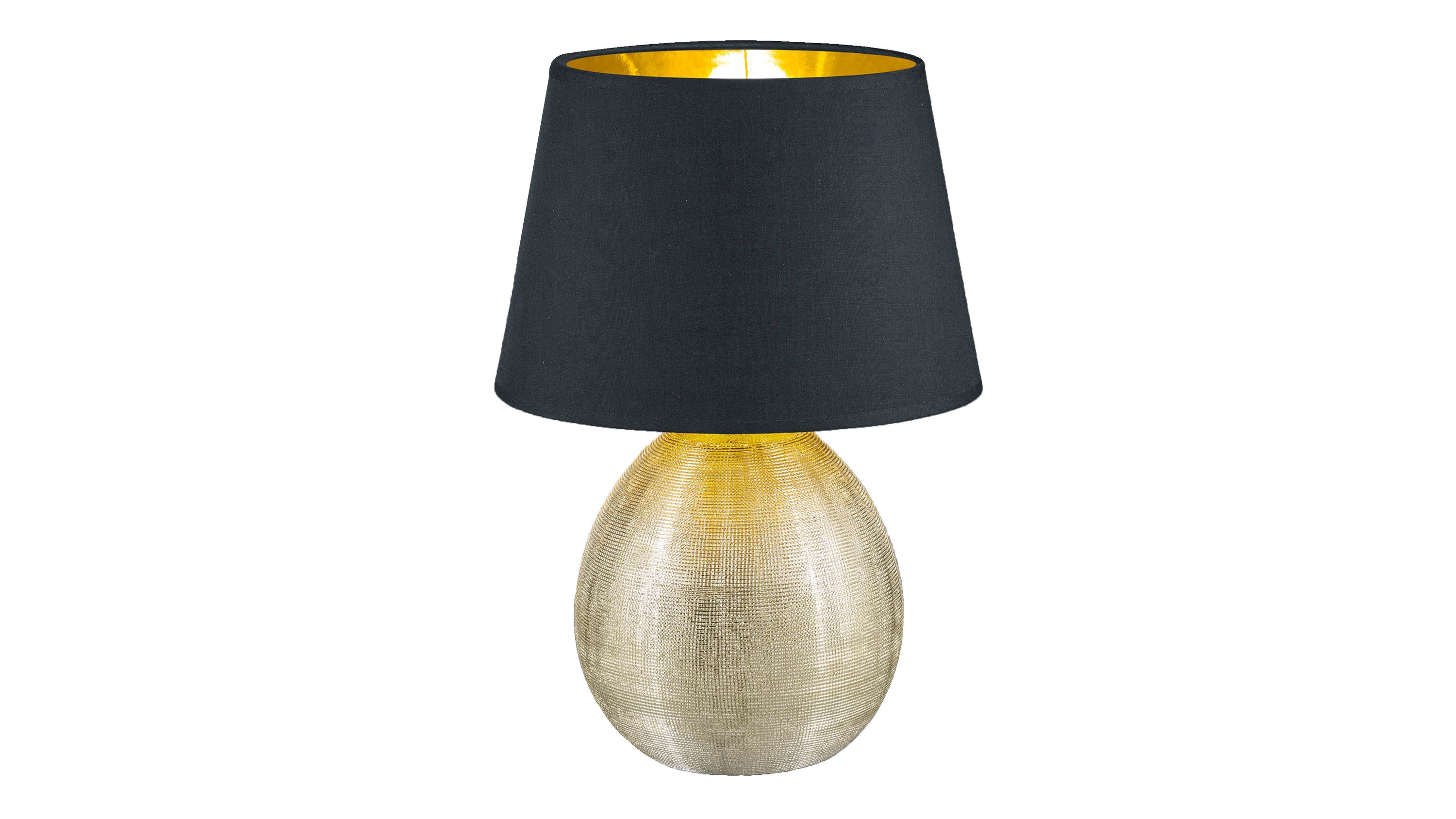 Tischlampe mit rundem goldfarbenem Sockel und schwarzem Schirm Tischlampe mit rundem goldfarbenem Sockel und schwarzem Lampenschirm mit goldfarbener Innenseite