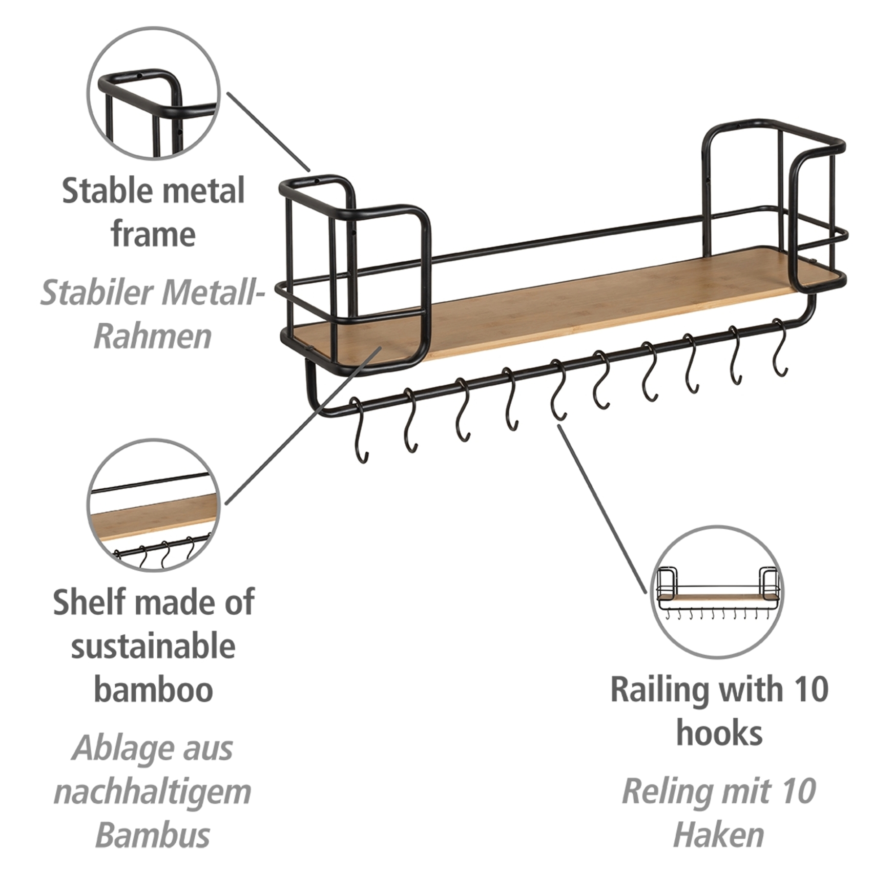 Wandregal mit stabilem schwarzem Metallrahmen brauner Bambusablage Reling mit 10 Haken frontal fotografiert