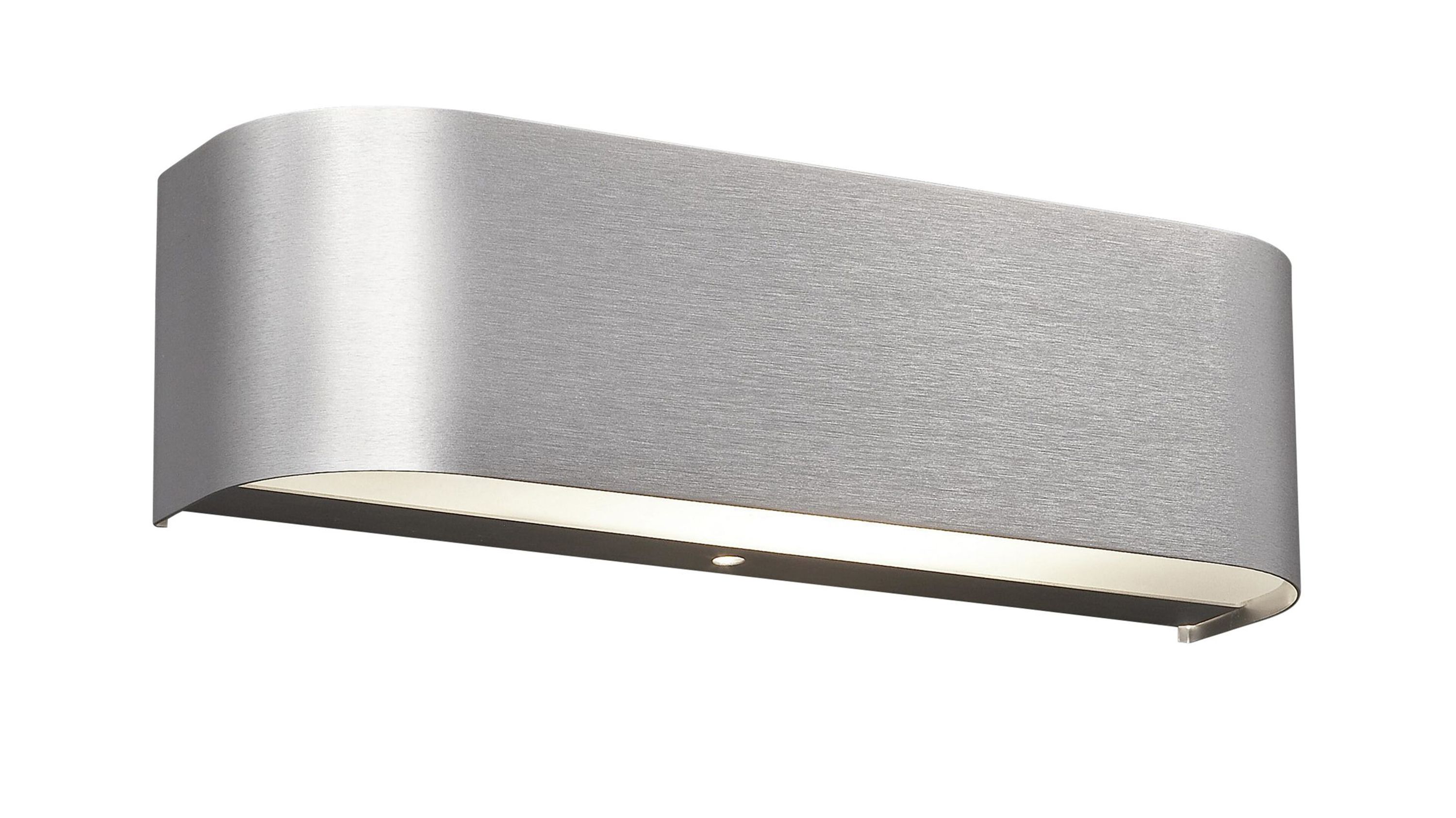 Silberne Wandleuchte mit abgerundeter rechteckiger Form und nach unten gerichteter Lichtöffnung