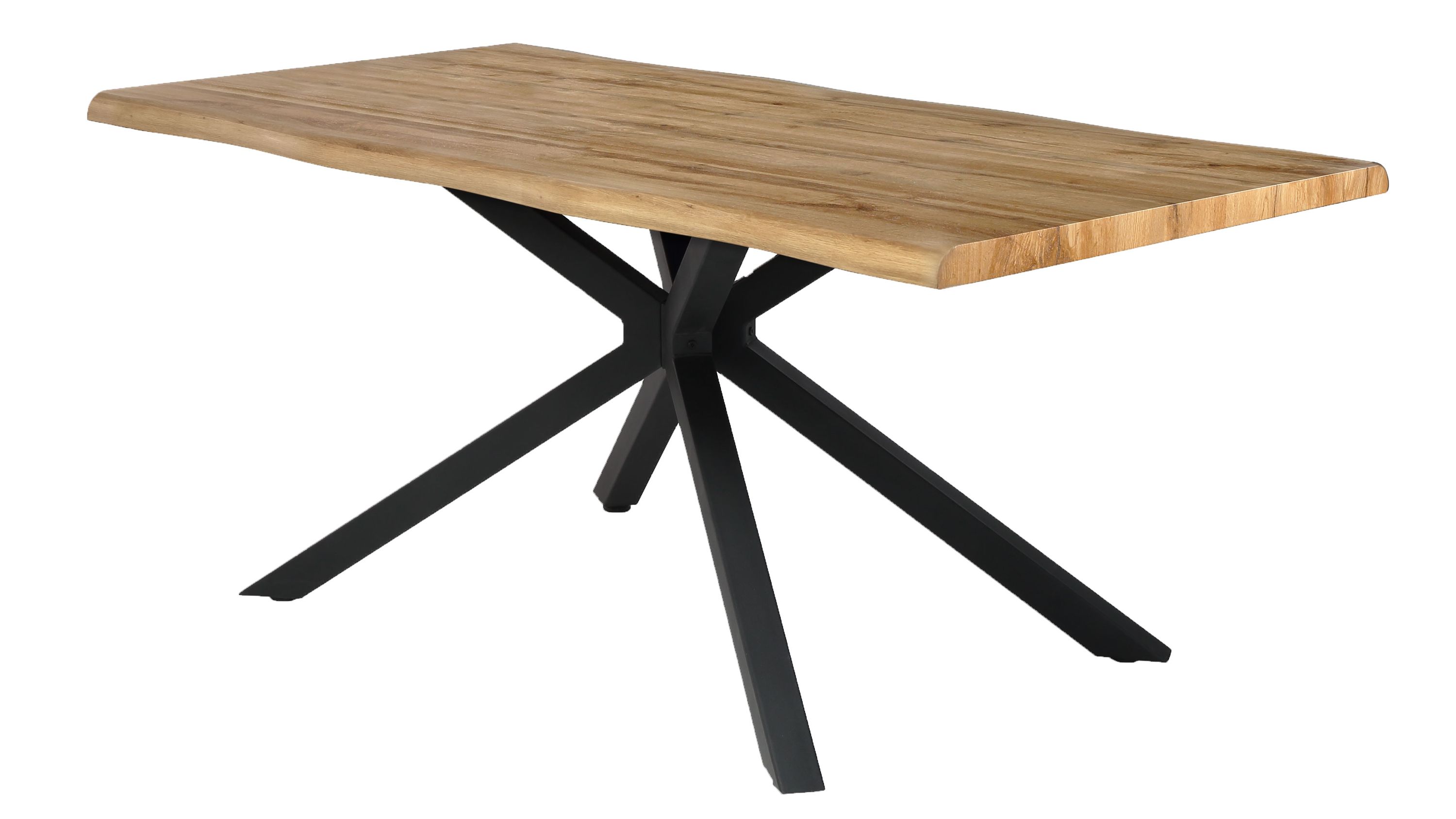 Esstisch mit Holzplatte und schwarzem Metallgestell Rechteckiger Esstisch mit hellbrauner Holzplatte und schwarzem Metallgestell mit vier Beinen