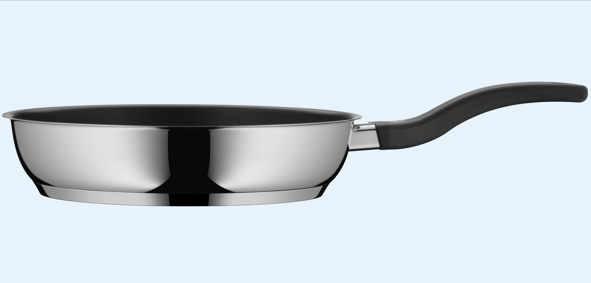 Edelstahl-Antihaft-Bratpfanne mit schwarzer Innenbeschichtung und ergonomischem Griff, Seitenansicht auf hellem Hintergrund.