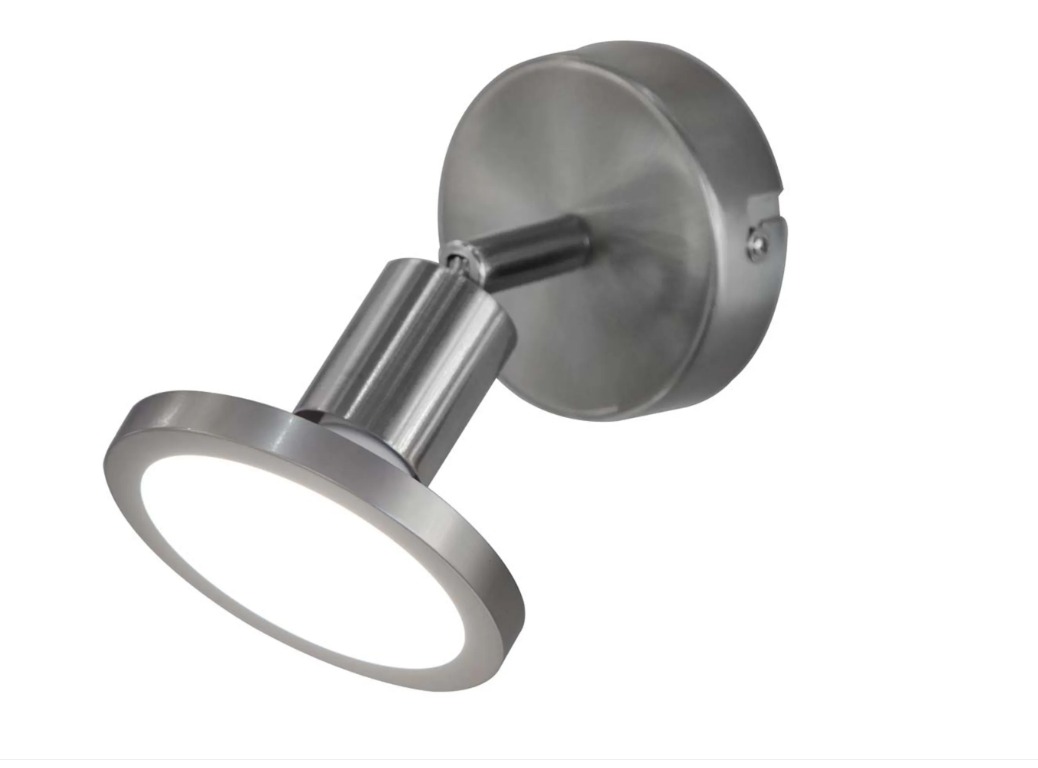 Neigbare Spotleuchte aus silberfarbenem Metall mit modernem Design  schräg von oben freigestellt fotografiert