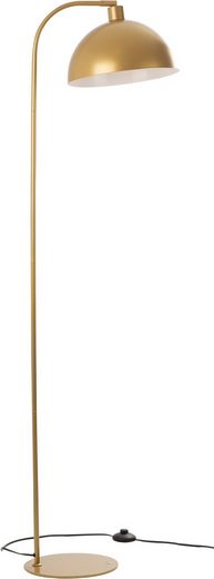 Goldene Stehlampe mit Kuppelschirm und gebogenem Standfuß, aus seitlicher Perspektive fotografiert.