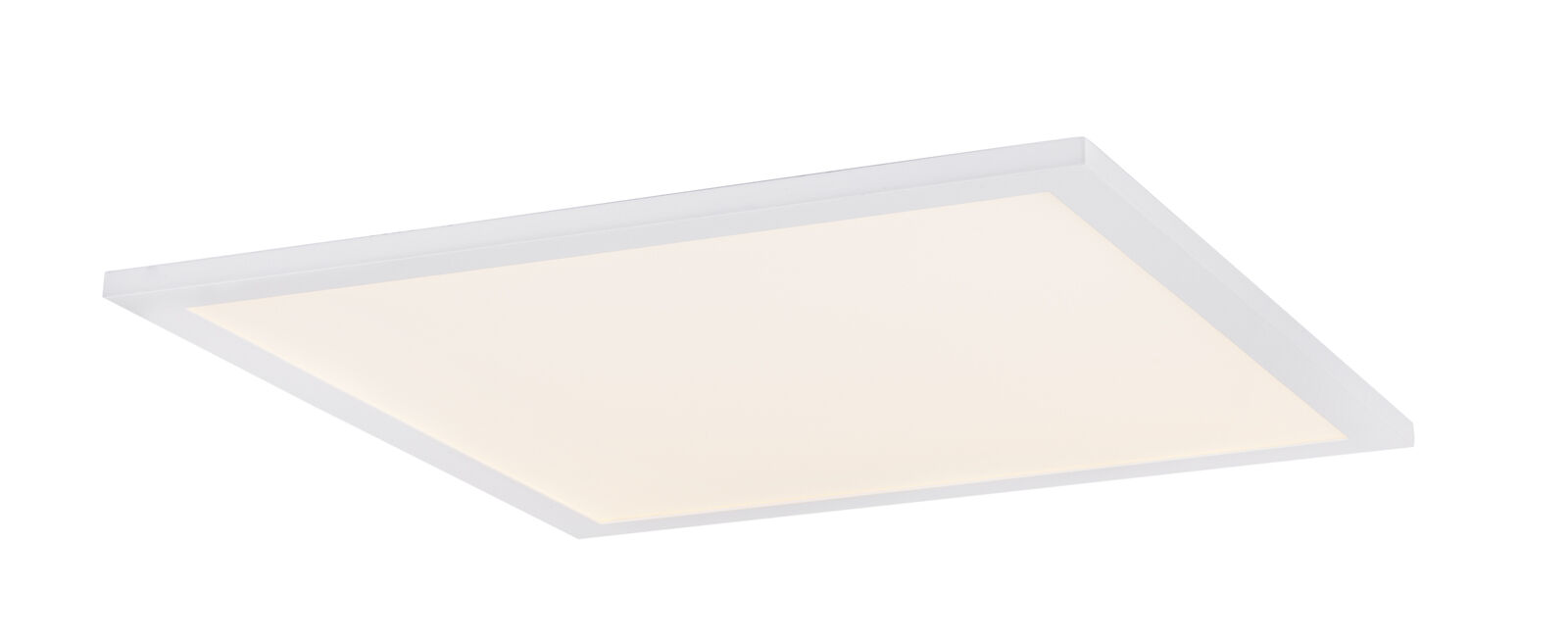 Quadratische Deckenleuchte mit Diffusor Quadratische Deckenleuchte mit weißem Rahmen und Lichtdiffusor, von schräg unten fotografiert.