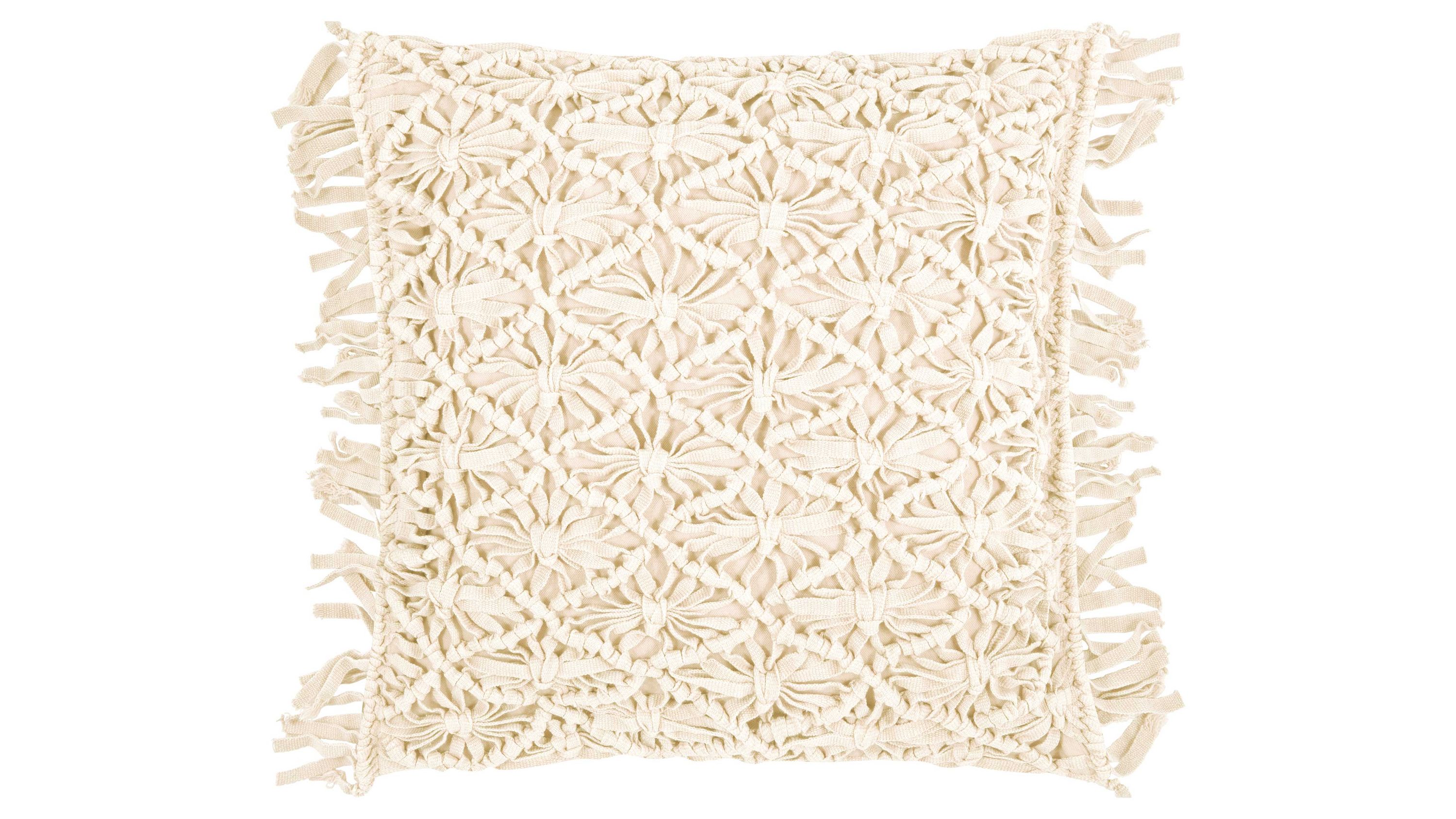 Kissenhülle mit Fransen in elfenbeinfarben Quadratische Kissenhülle mit Fransen und dekorativem Muster in elfenbeinfarben
