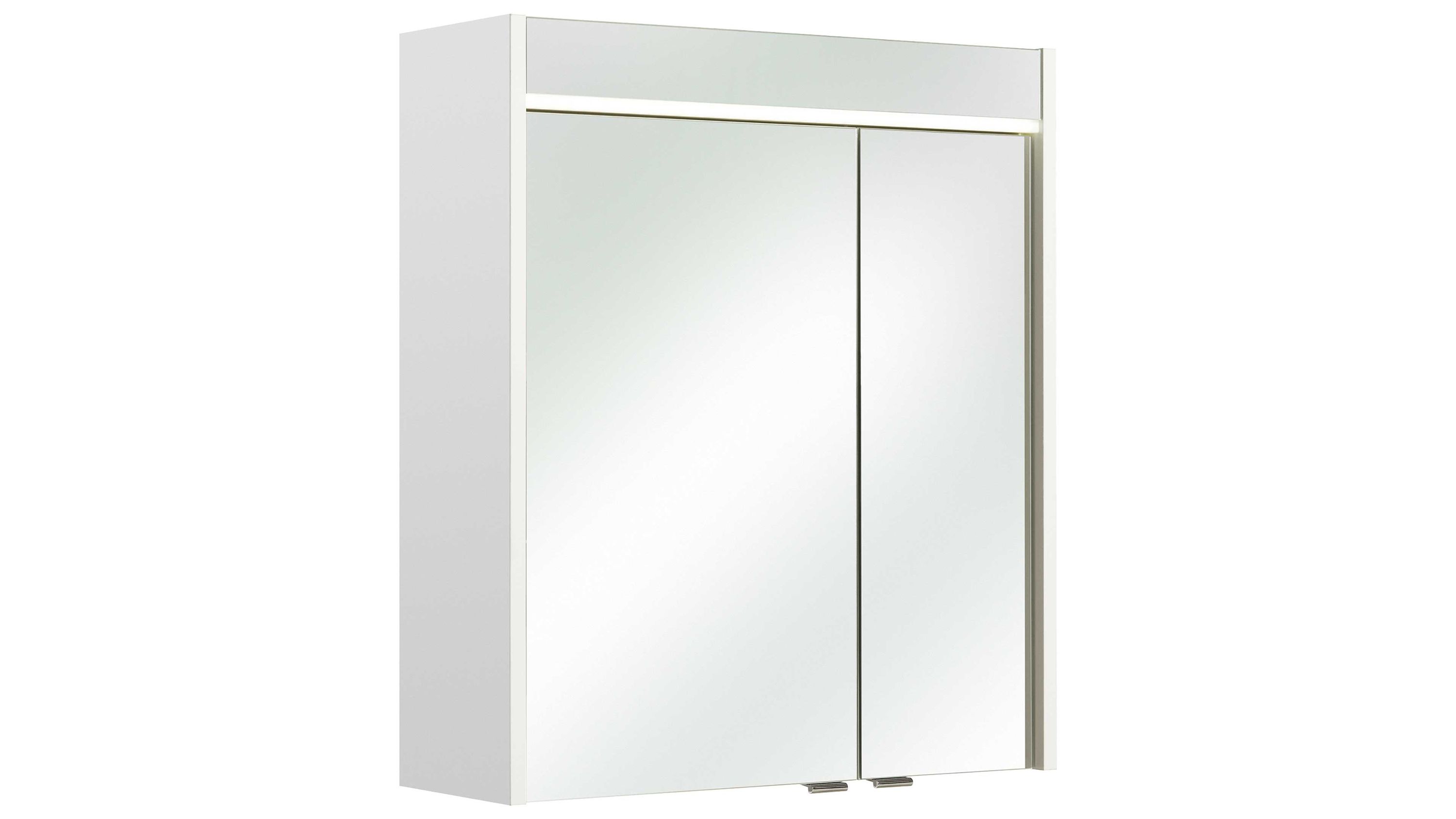 Weißer Spiegelschrank mit zwei Türen und rechteckiger Form