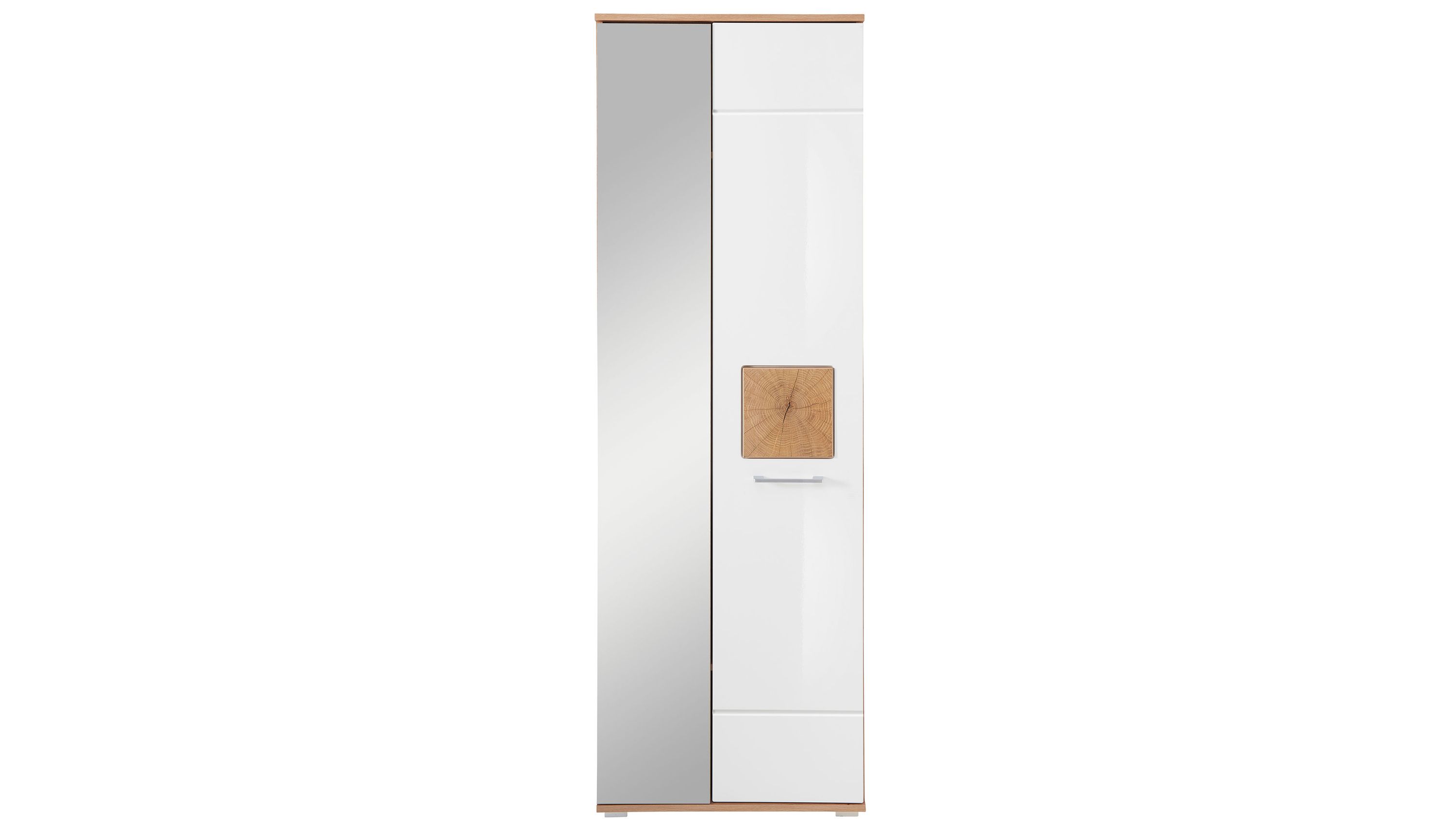 Schmaler Garderobenschrank mit weißer Front großem Spiegel und quadratischem Holzelement in der Mitte