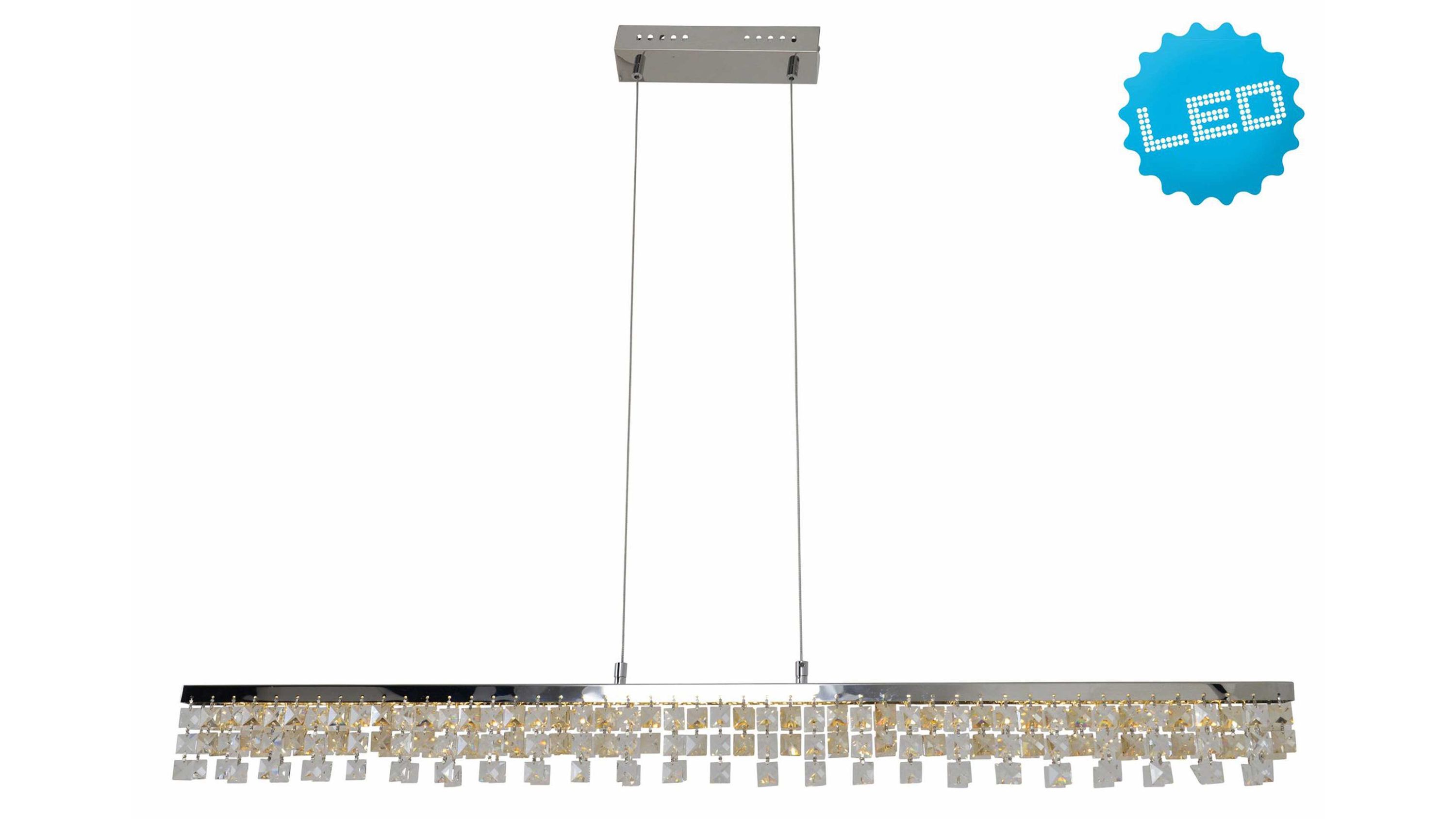 Lange LED-Hängelampe mit rechteckigem Chromrahmen und mehreren kleinen quadratischen Anhängern