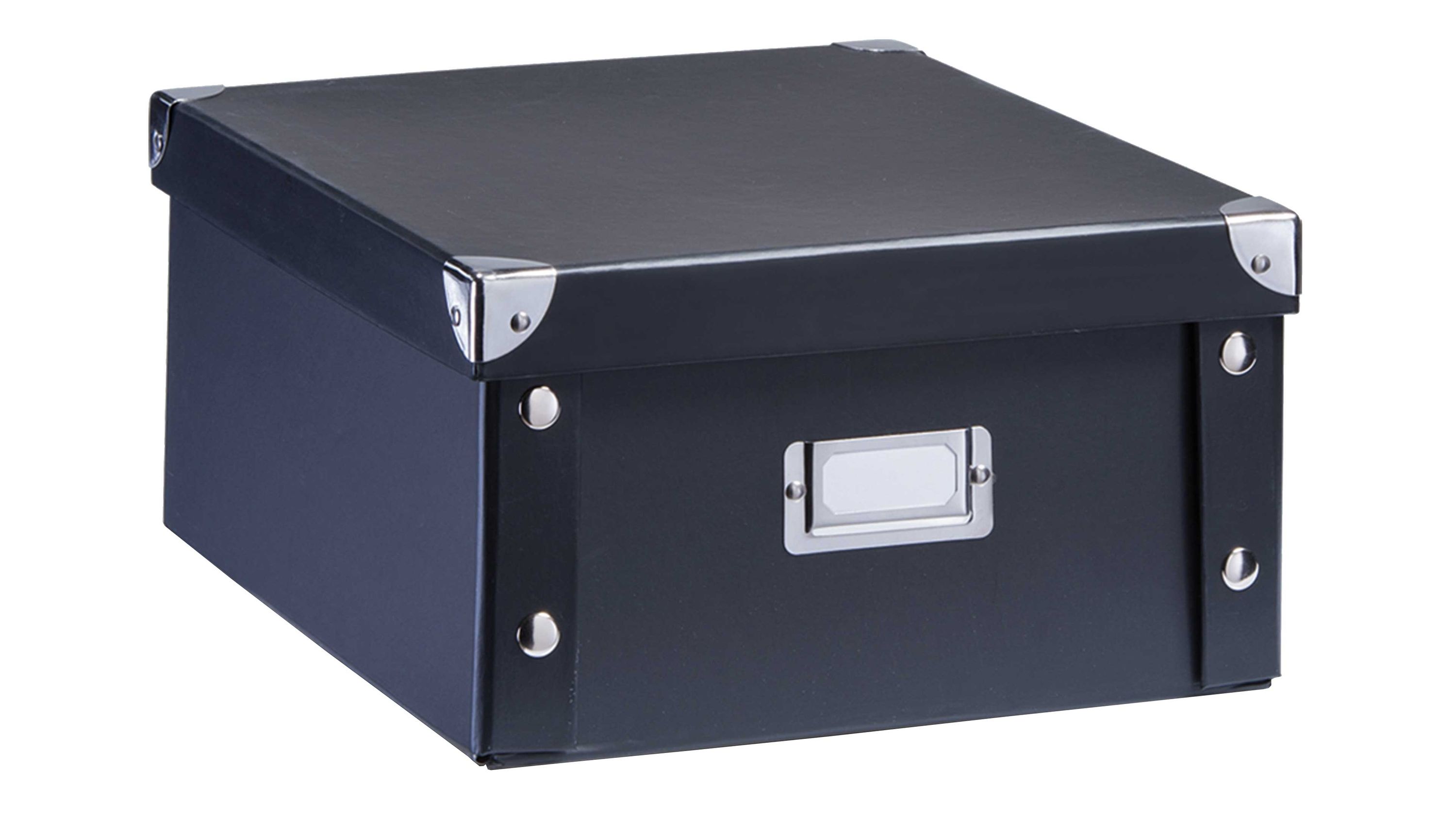 Schwarze Aufbewahrungsbox mit Deckel und Metallverstärkungen Schwarze rechteckige Aufbewahrungsbox mit Deckel und Metallverstärkungen an den Ecken