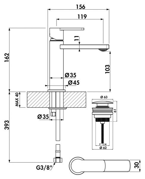 Technische Zeichnung Wasserhahn H 176?mm  Ausladung 119?mm  Auslaufhöhe 122?mm  Bohrung Ø35?mm  Naber Glam 1 Hochdruck
