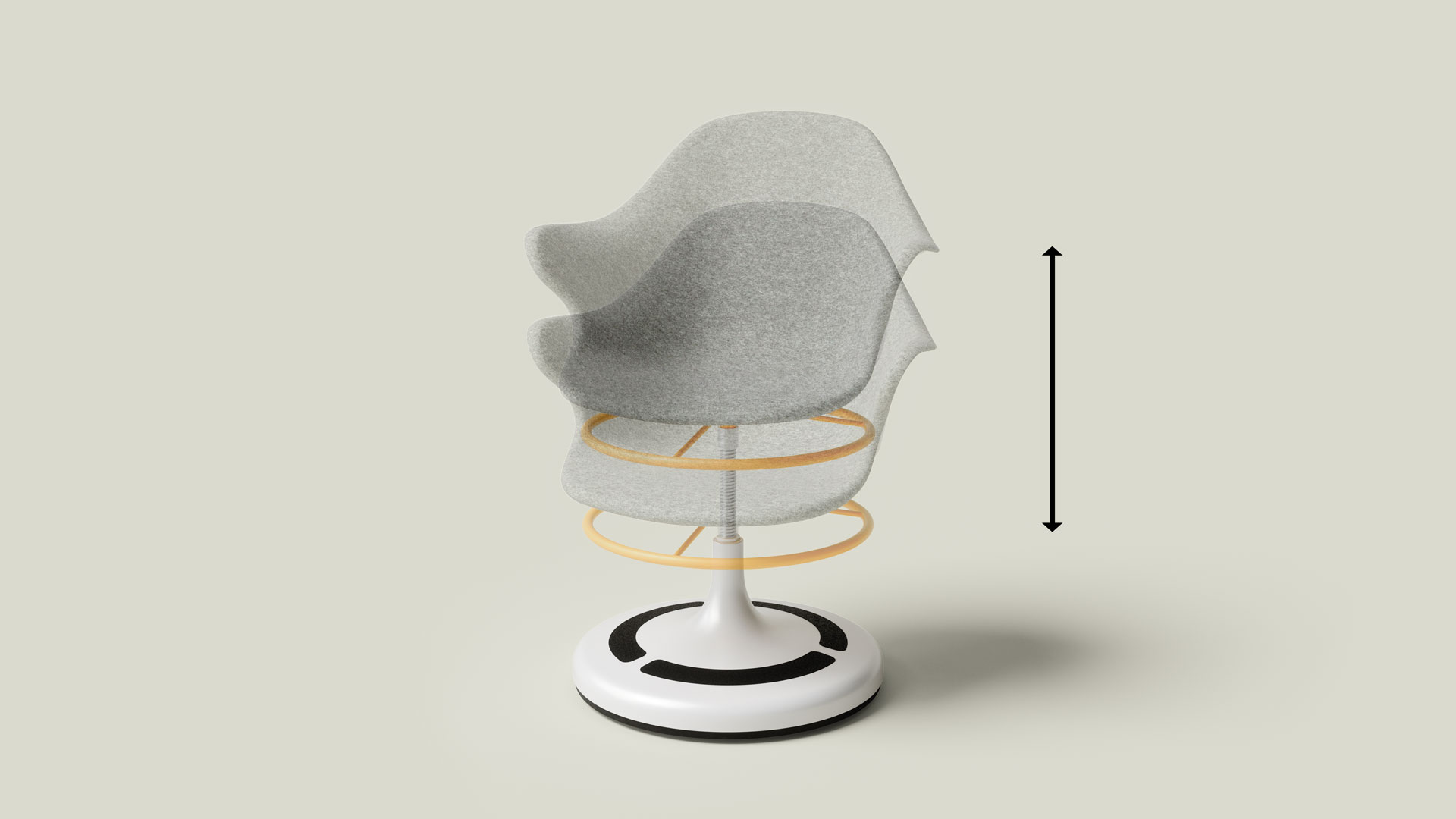 Weißer Drehstuhl mit transparenter Sitzfläche, spiralförmiger Verbindung und rundem Sockel mit schwarzem Rand.