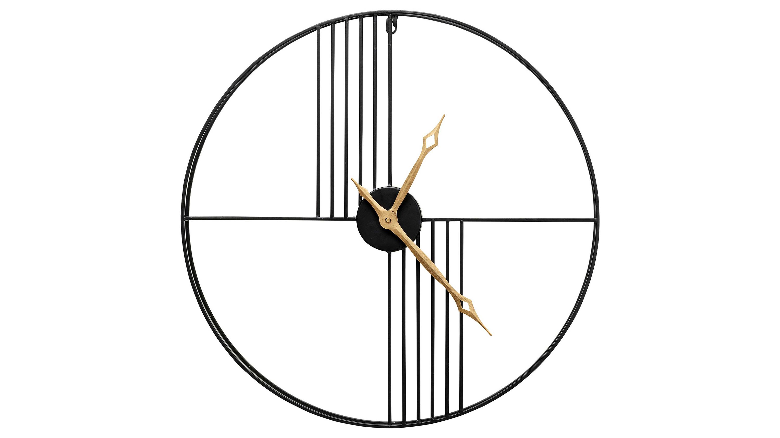Runde Wanduhr mit schwarzem Metallrahmen und goldfarbenen Zeigern dekorative Linienmuster