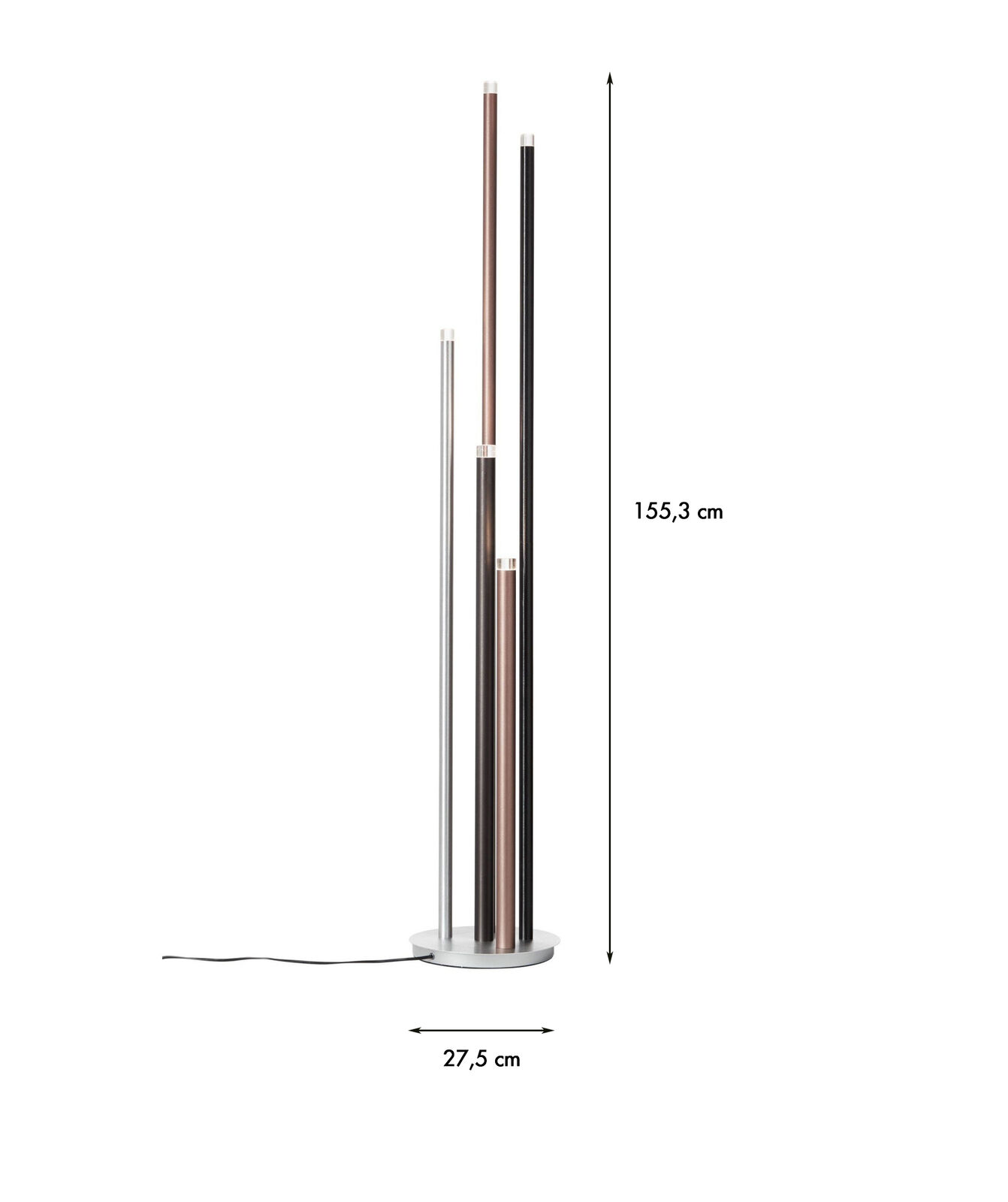 Maßskizze der Stehleuchte in Braun und Silbergrau mit fünf LED-Lichtquellen  155 3 cm hoch  schlankes Design