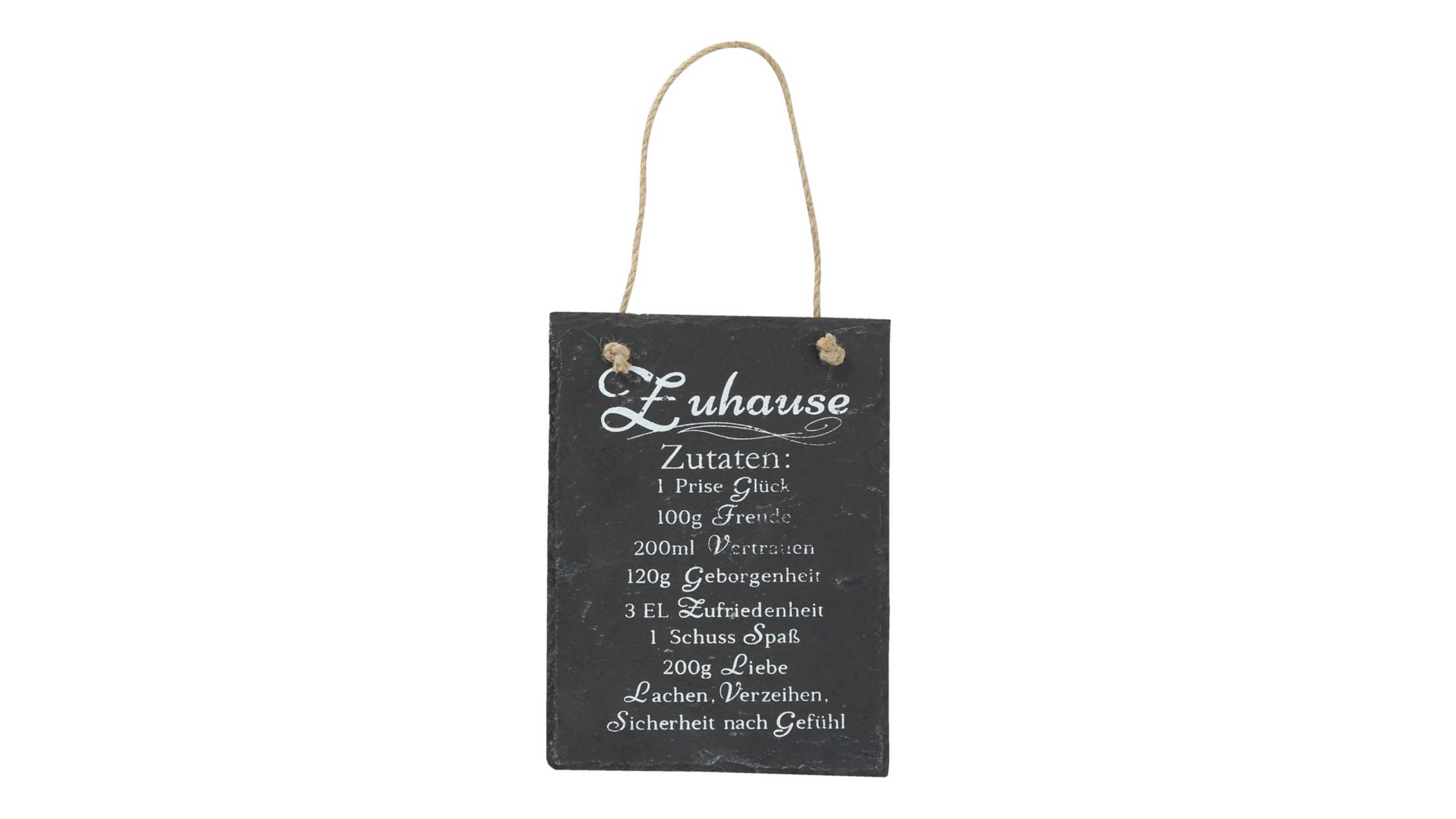 Rechteckiges schwarzes Schild mit weißem Text und Juteband zum Aufhängen
