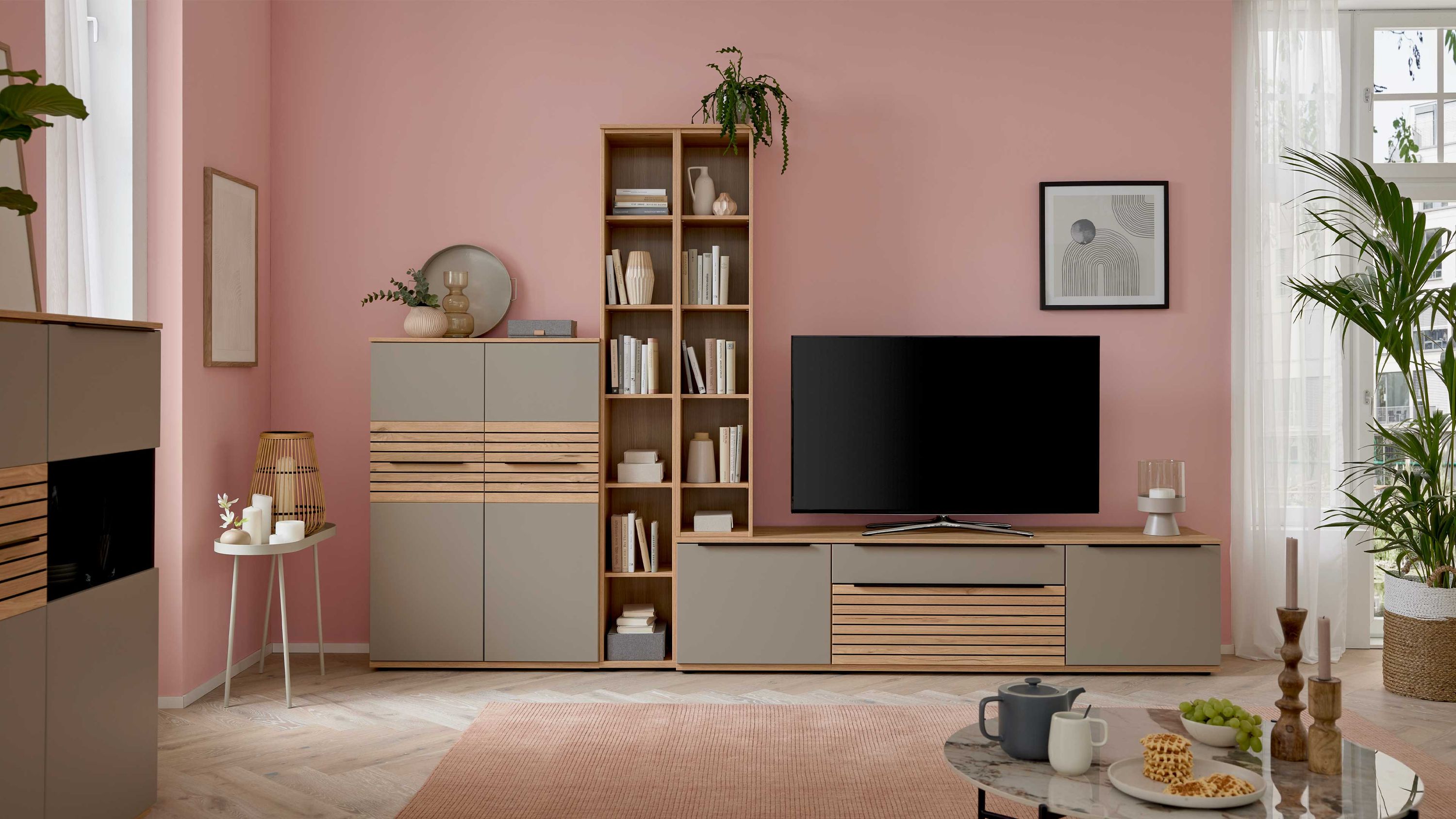 Interliving Wohnzimmer Serie 2032 - Wohnwand EB31503 Grau & Balkenbuche - Länge ca. 315 cm