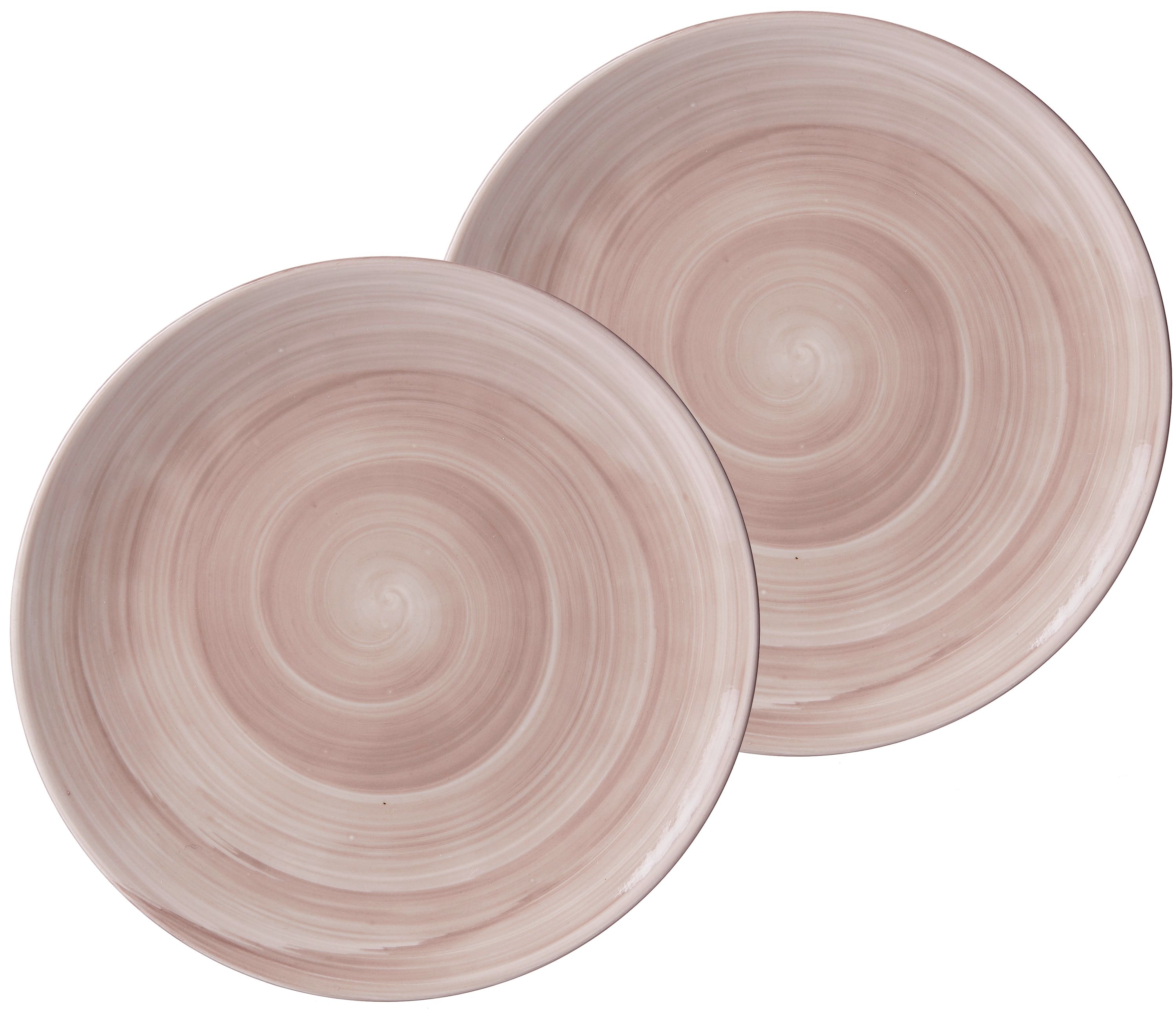 Zwei runde Kuchenteller mit spiralförmigem Muster in braun und beige
