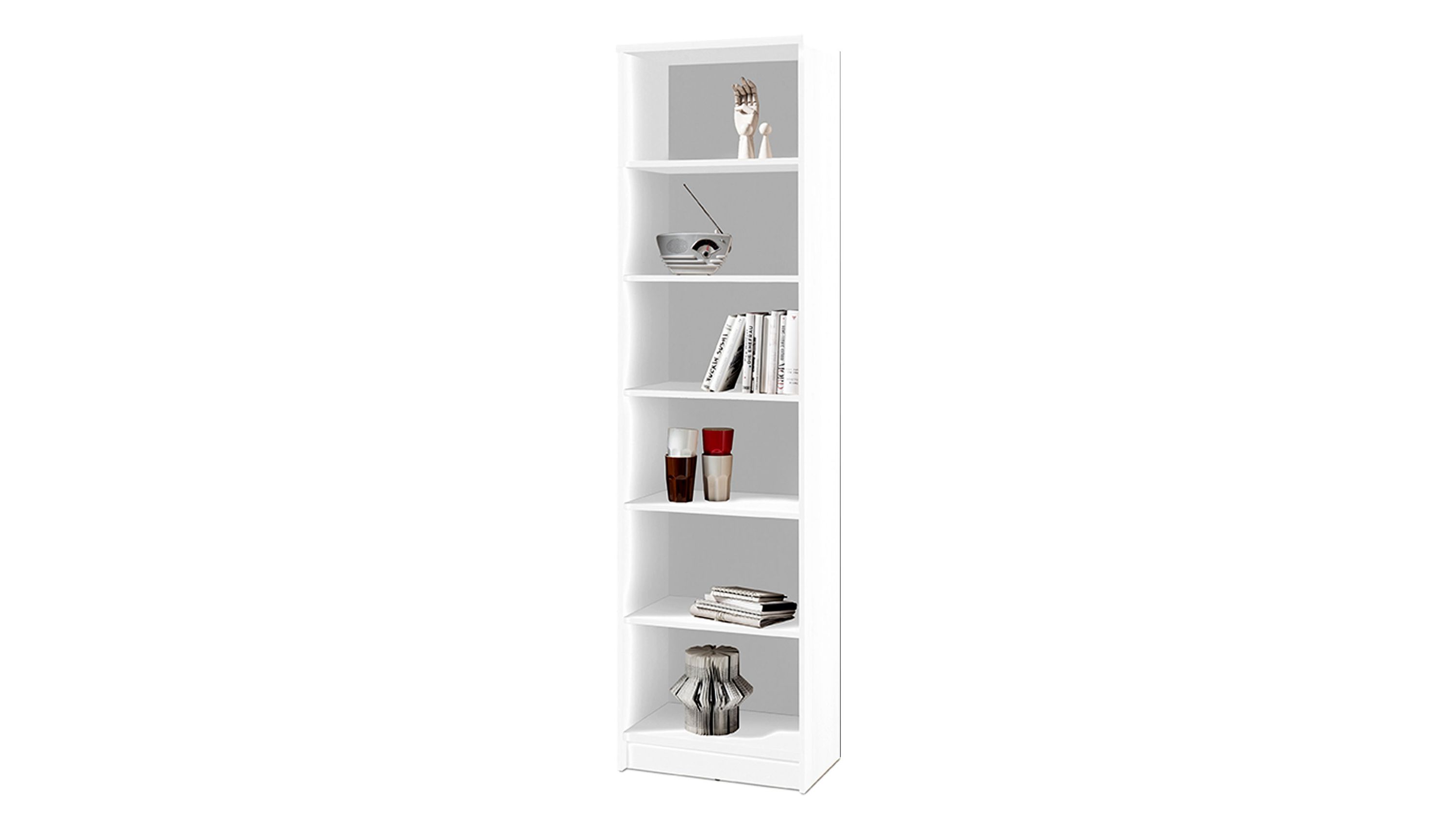 Bücherregal als Wohnzimmermöbel weiße Kunststoffoberflächen  ca. 54 x 198 cm, fünf Böden
