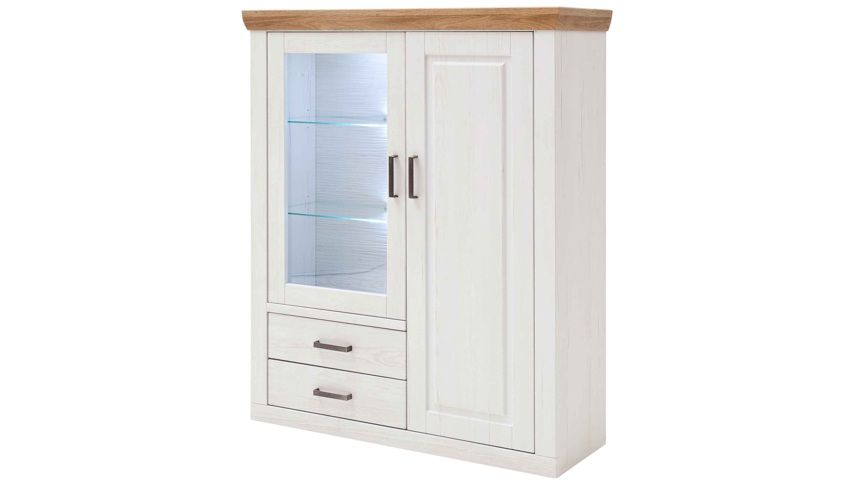 Weißes Highboard mit Glastür und zwei Schubladen Weißes Highboard mit zwei Türen davon eine mit Glas und zwei Schubladen Holzplatte oben in hellbraun