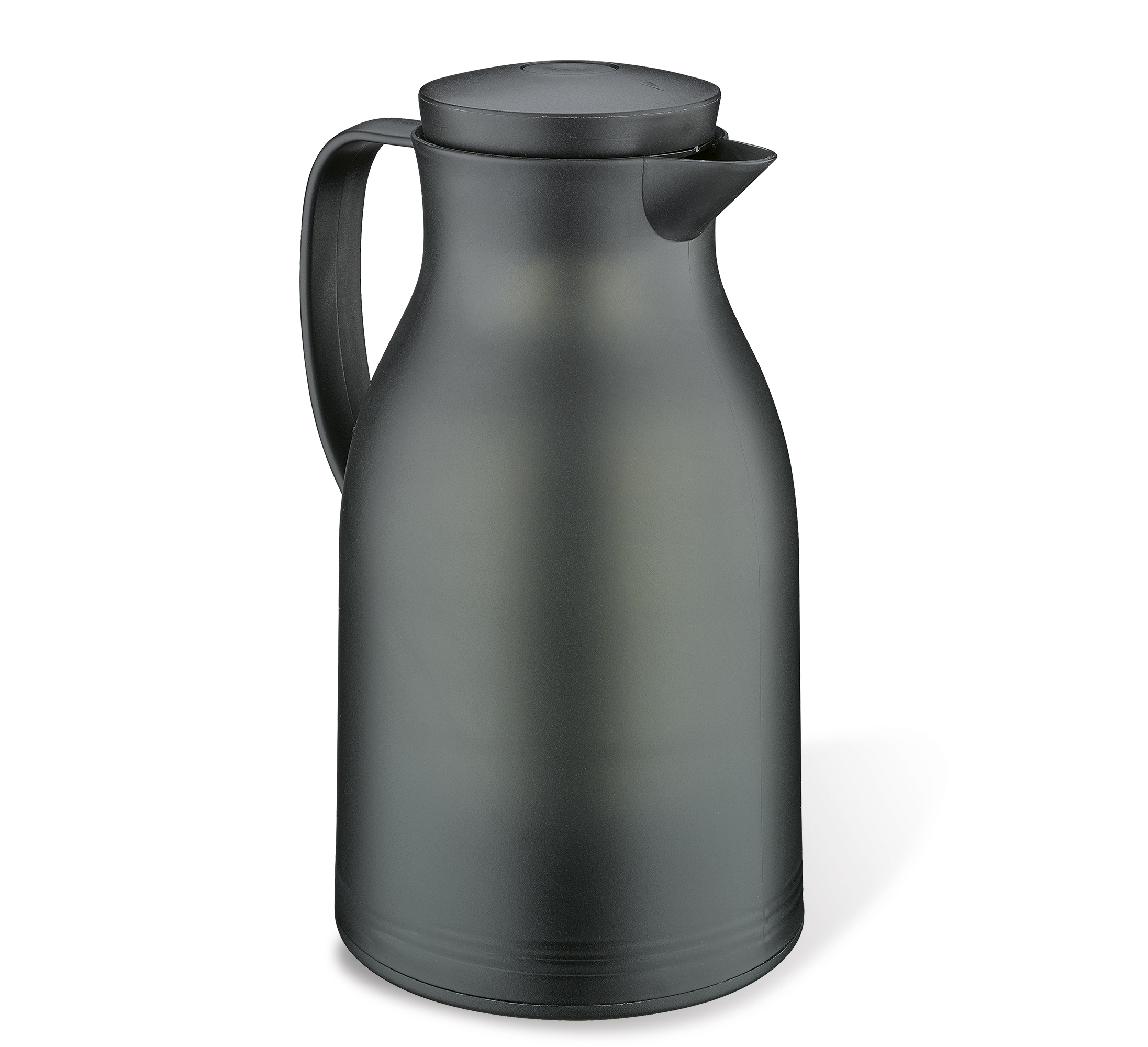 Schwarze Isolierkanne mit rundem Körper Henkel und Ausguss