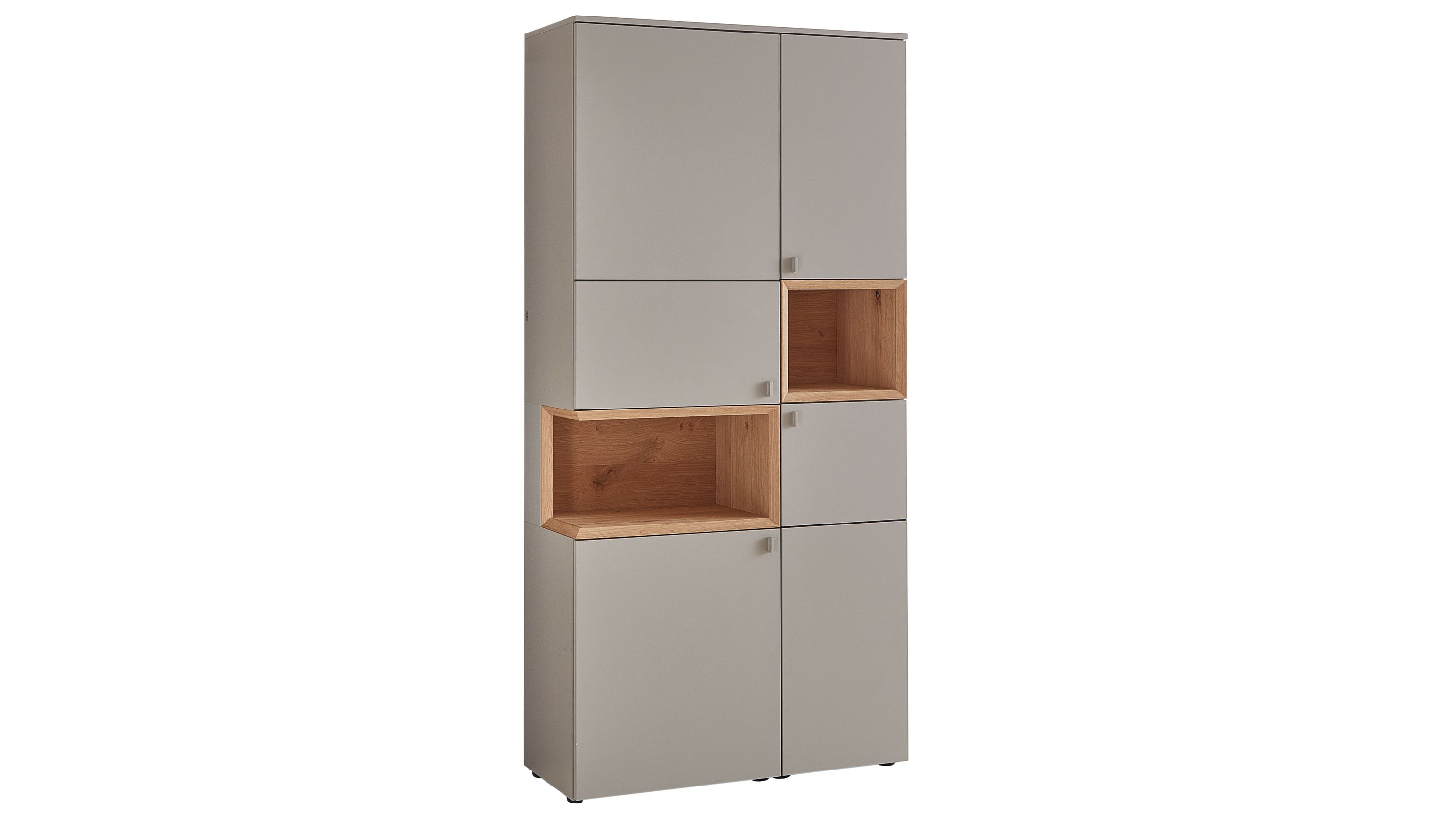 Vitrine mit Türen und offenen Fächern in steingrau und holzfarben Hochrechteckige Vitrine mit sechs Türen und zwei offenen Fächern in steingrau und holzfarben