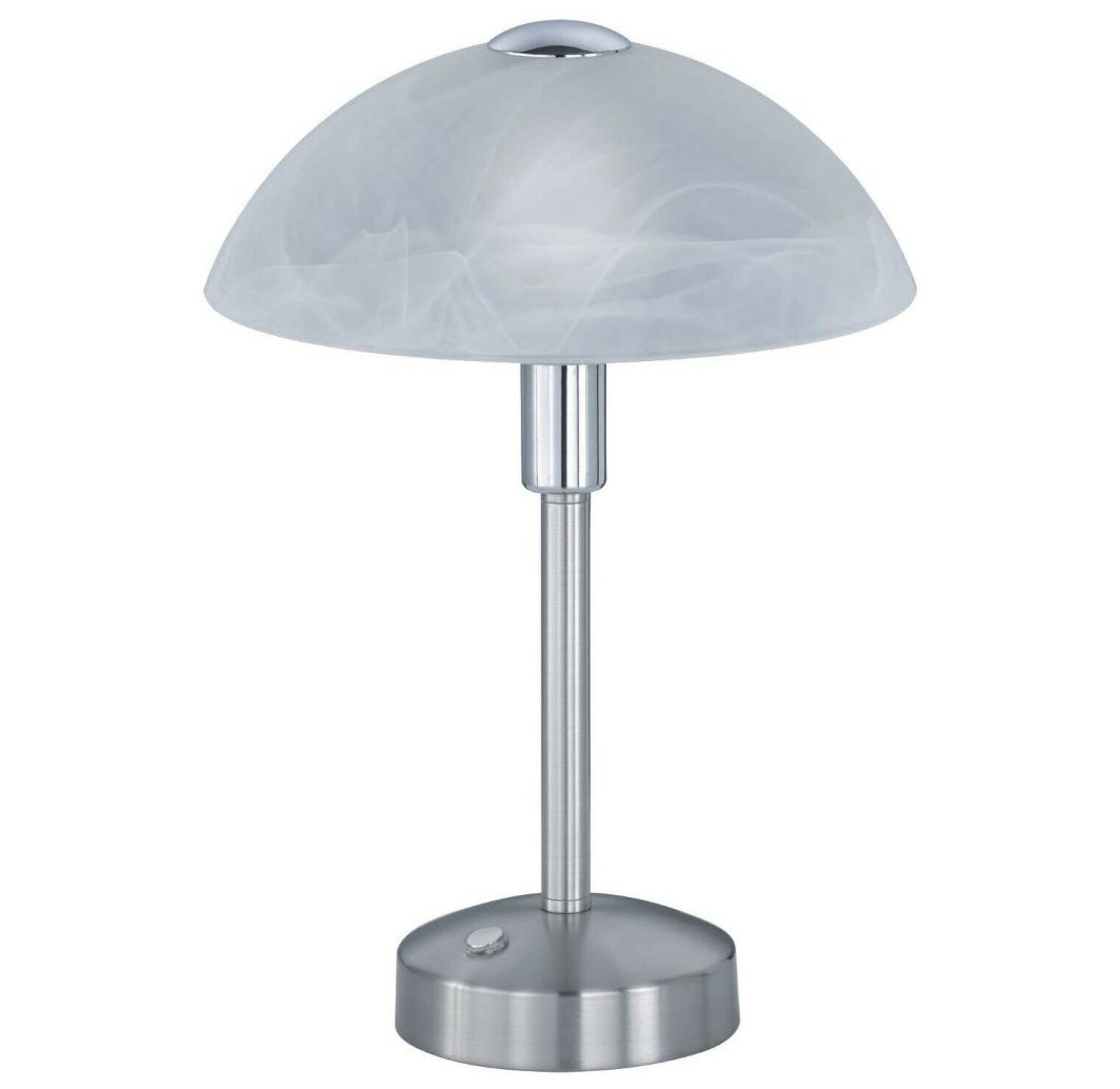 Tischlampe mit rundem Leuchtenschirm in Nickel matt