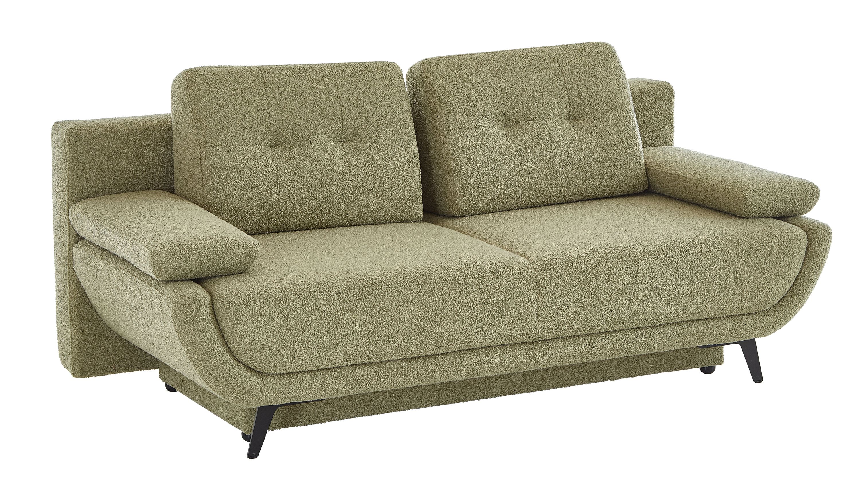 Olivgrünes Schlafsofa mit schwarzen Metallfüßen Olivgrünes Schlafsofa mit zwei Rückenlehnen gepolsterten Armlehnen und schwarzen Metallfüßen