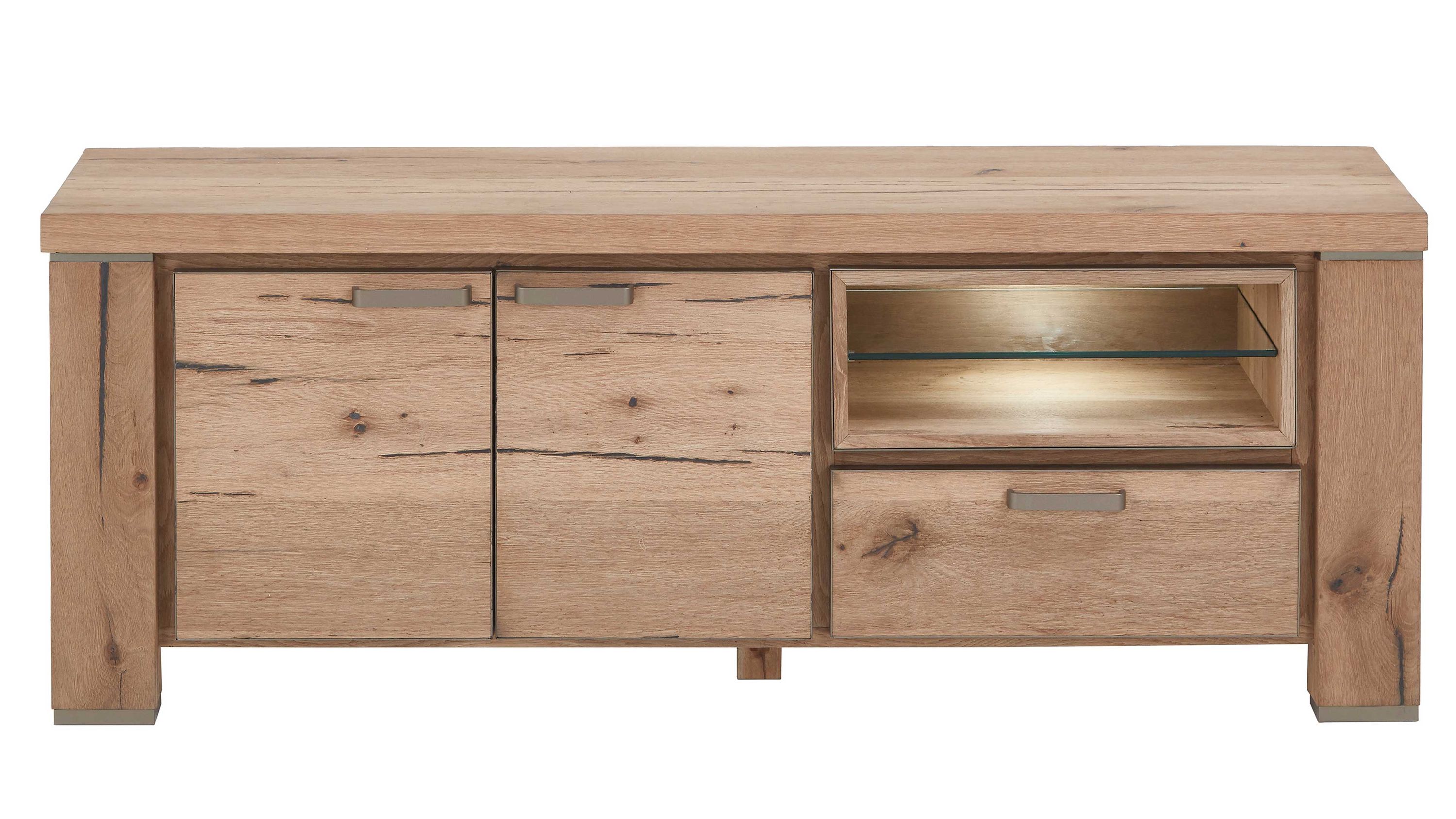 Lowboard mit Türen Schublade und Glasboden in brauner Holzoptik Lowboard mit zwei Türen links offener Glasboden und Schublade rechts in brauner Holzoptik