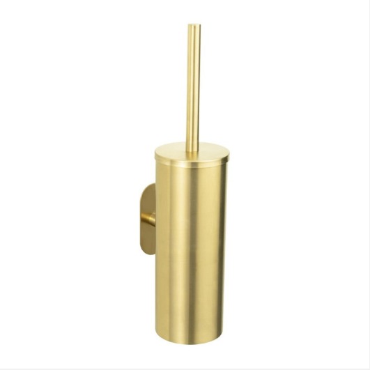 Leicht schräge leicht erhöhte Aufnahme wandmontierte WC-Garnitur aus matt-goldenem Edelstahl goldfarbener Bürstengriff