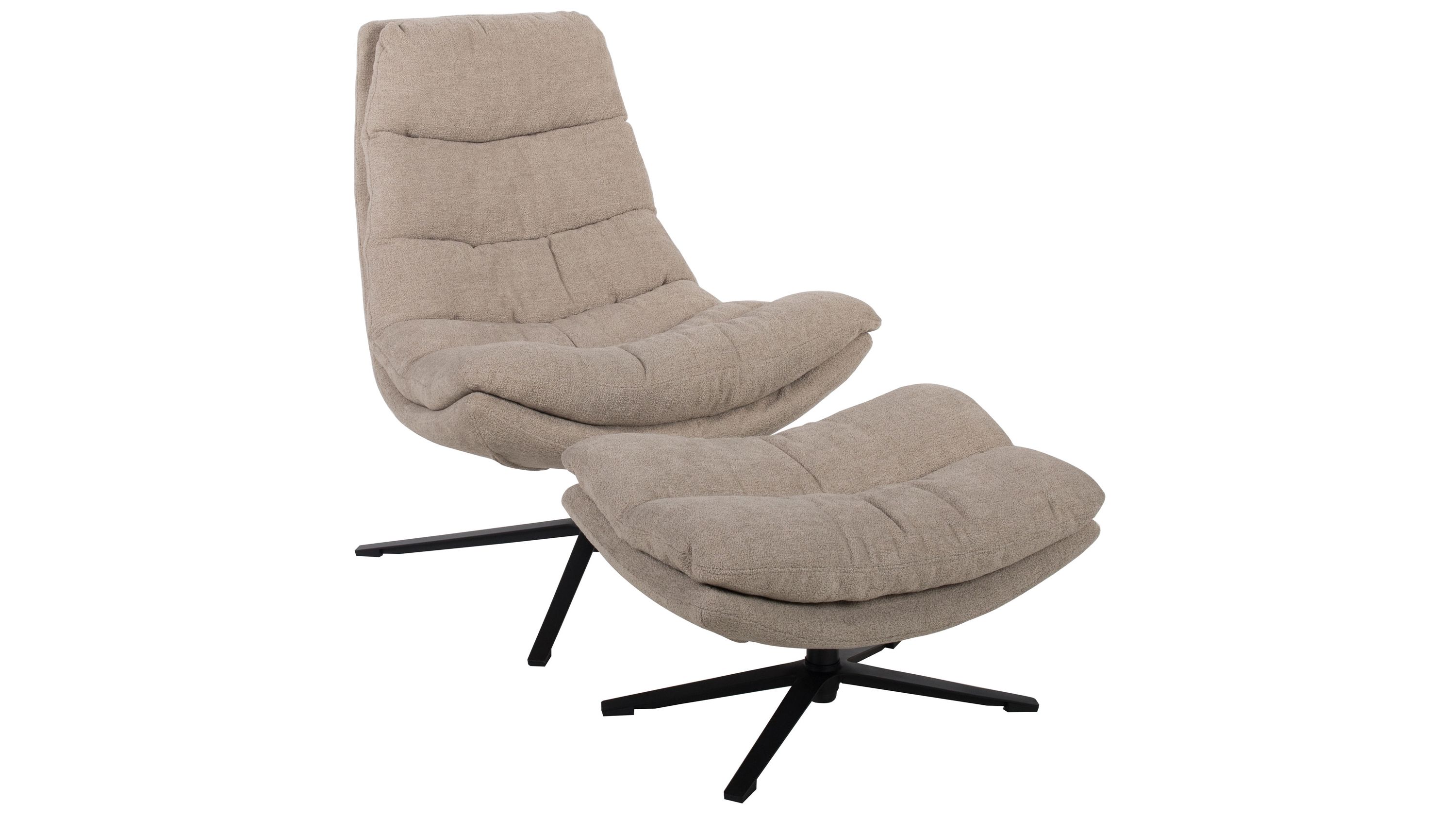 Relaxsessel mit Hocker in Sandfarbe und schwarzem Sternfuß Relaxsessel mit gepolstertem sandfarbenem Bezug und mattschwarzem Sternfuß mit passendem Hocker