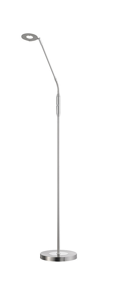 Schlanke moderne Stehleuchte aus Metall mit flexiblem Schwenkkopf und rundem Standfuß, freigestellt auf weißem Hintergrund