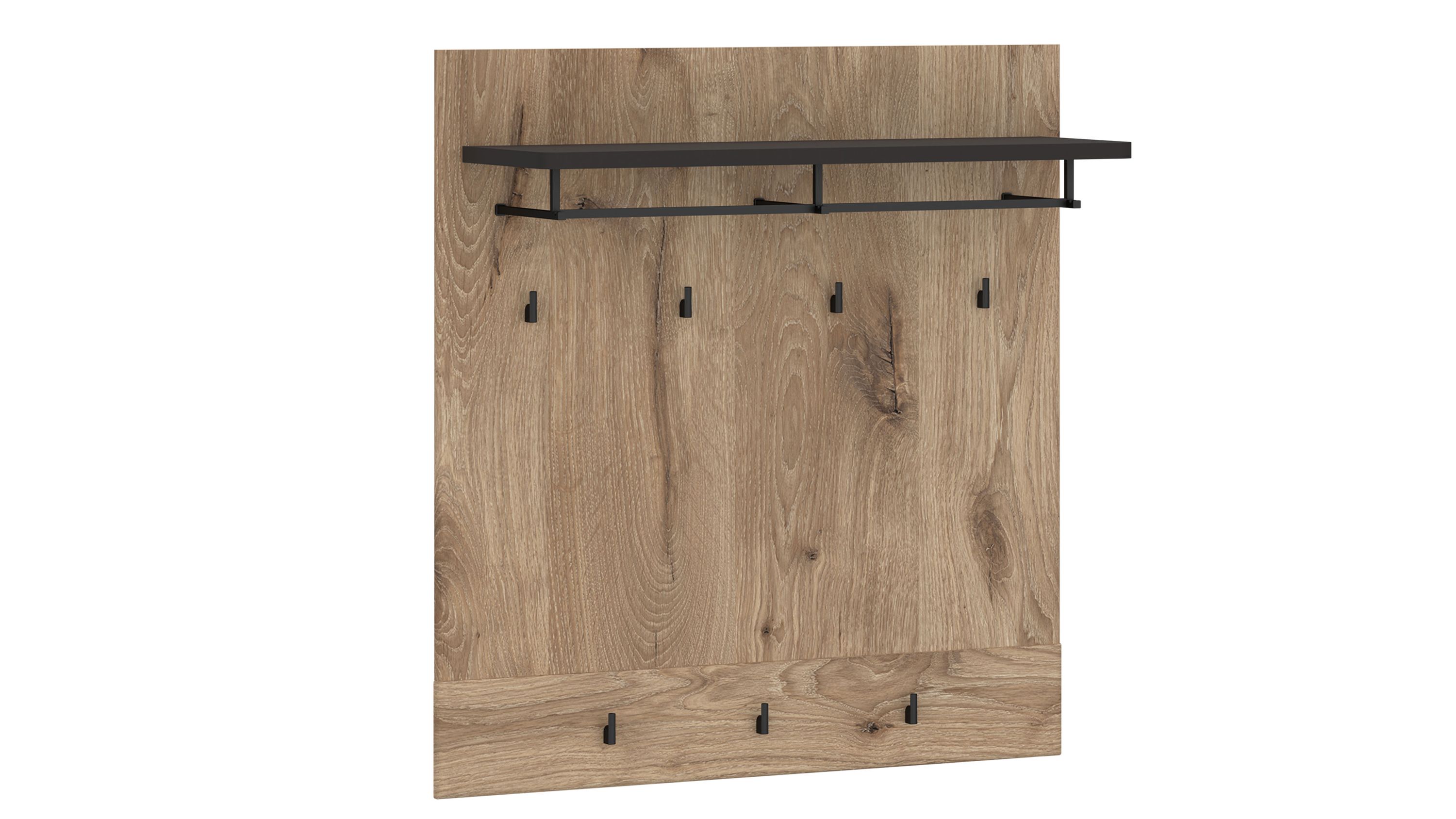 Garderobenpaneel in Eiche mit schwarzen Haken und Ablage Garderobenpaneel mit Holzoptik in Eiche und schwarzen Haken und Ablage oben