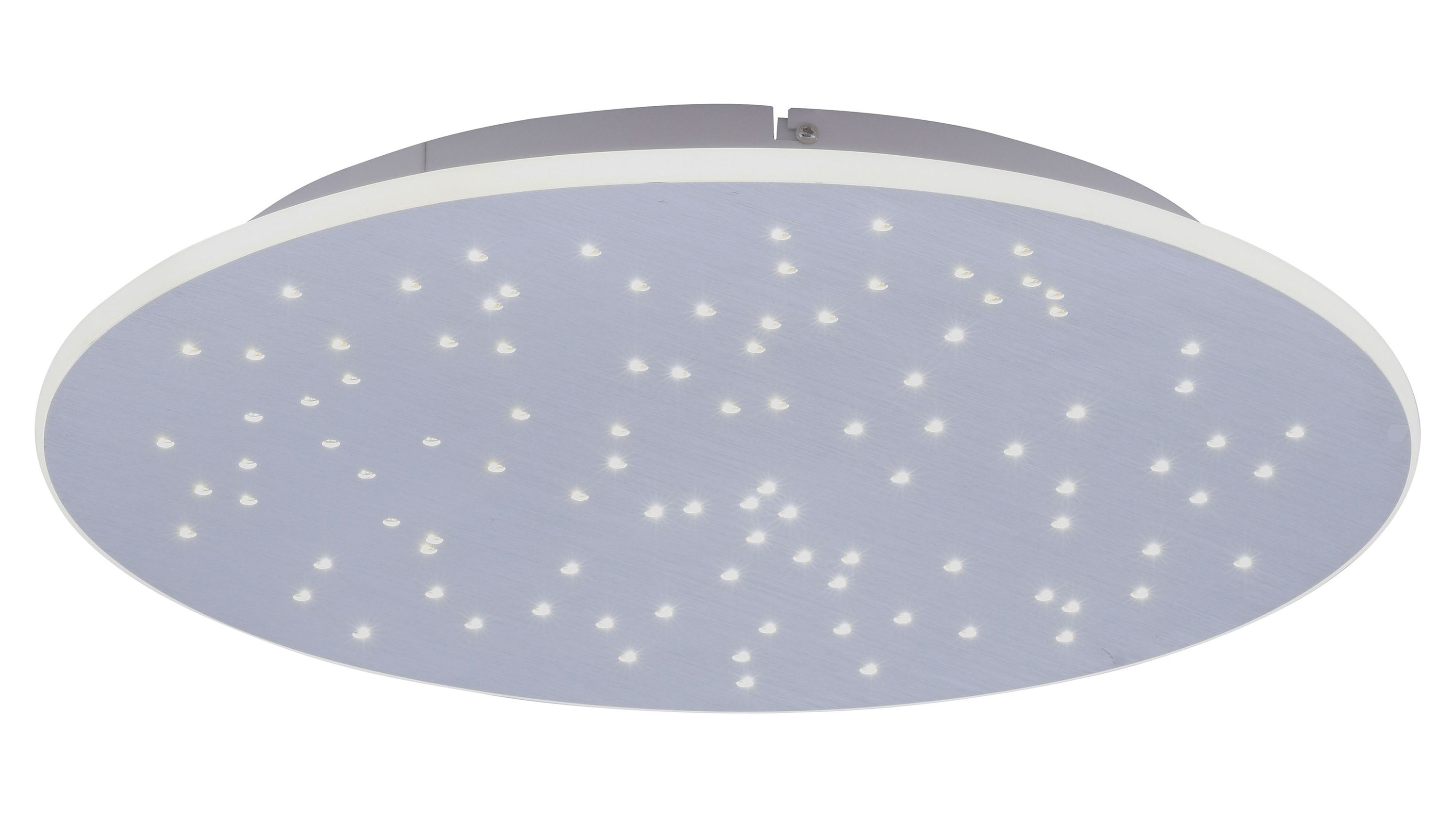 Runde Deckenlampe mit vielen kleinen weißen Lichtpunkten auf bläulichem Schirm