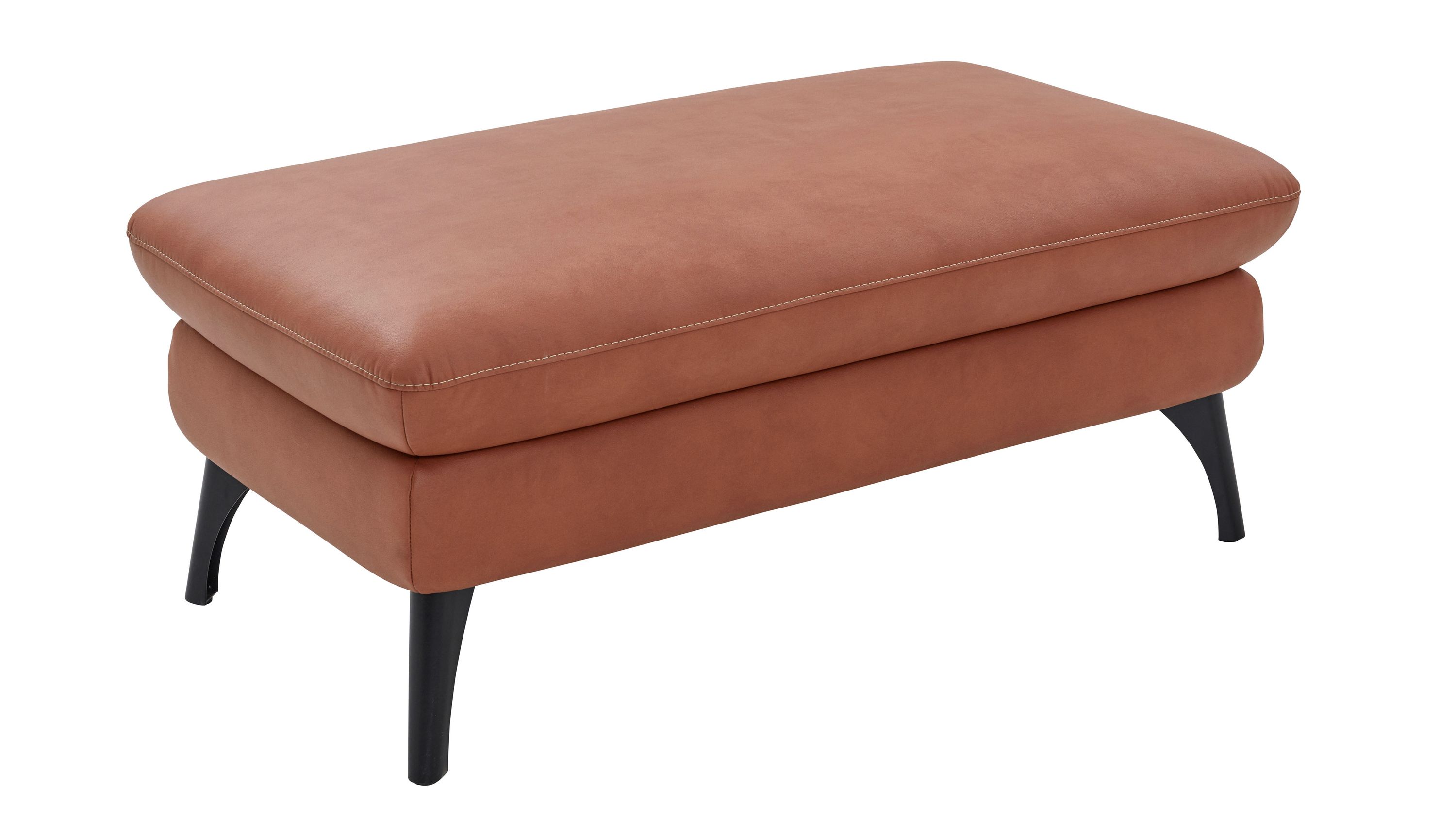 Hocker mit cognacfarbenem Bezug und schwarzen Beinen Rechteckiger Hocker mit cognacfarbenem Polster und schwarzen schlanken Beinen