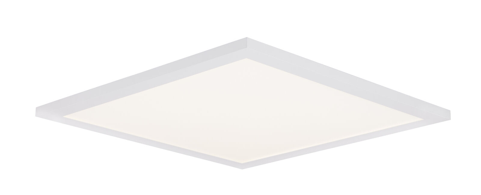 Quadratische Deckenleuchte mit Diffusor Quadratische Deckenleuchte mit weißem Rahmen und Lichtdiffusor, von schräg unten fotografiert.