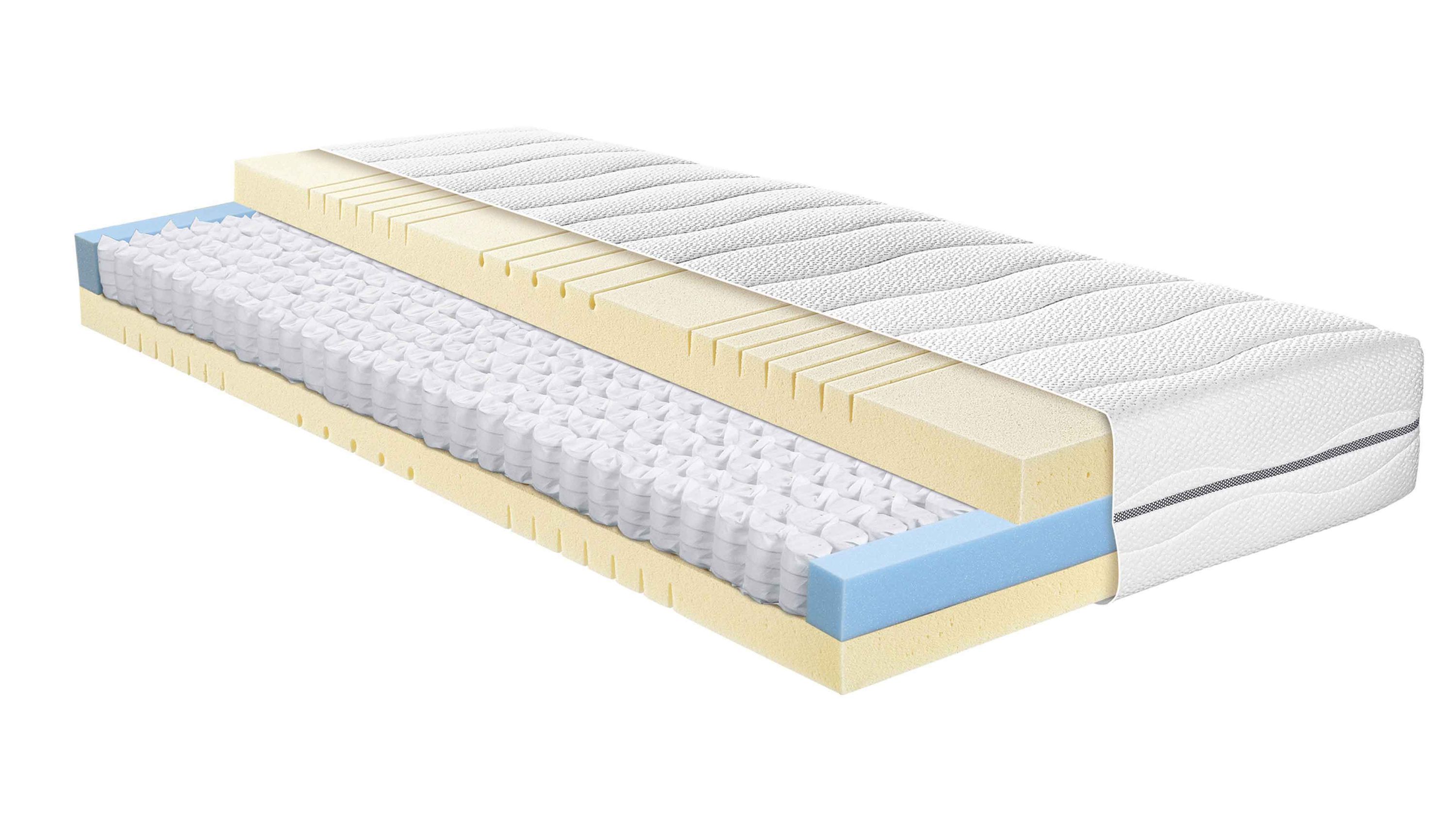 Weiß-graue Matratze mit sichtbaren Schichten aus Schaumstoff und Taschenfedern