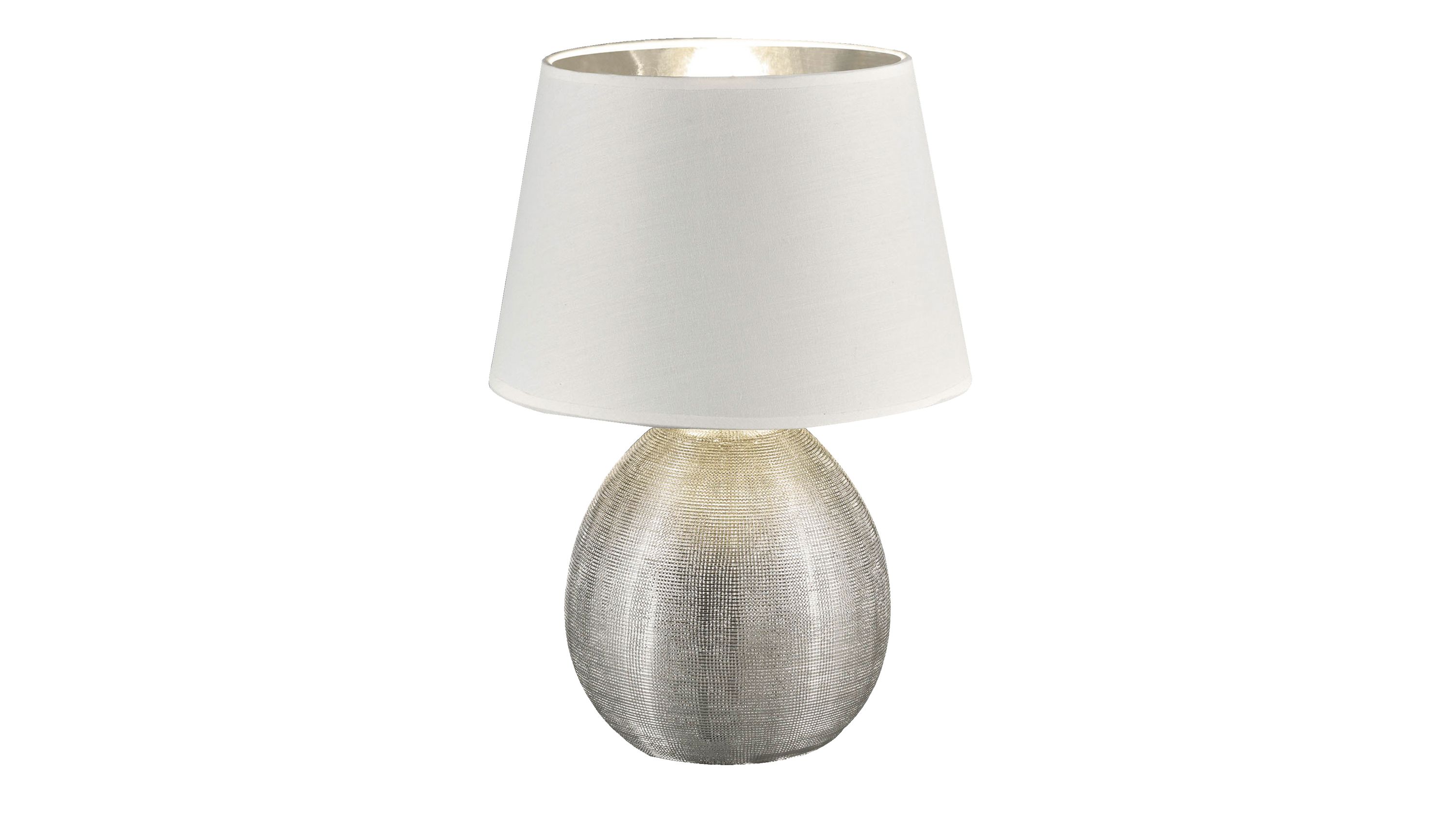 Tischlampe mit silberfarbenem Sockel und weißem Schirm Tischlampe mit rundem silberfarbenem Sockel und weißem Lampenschirm