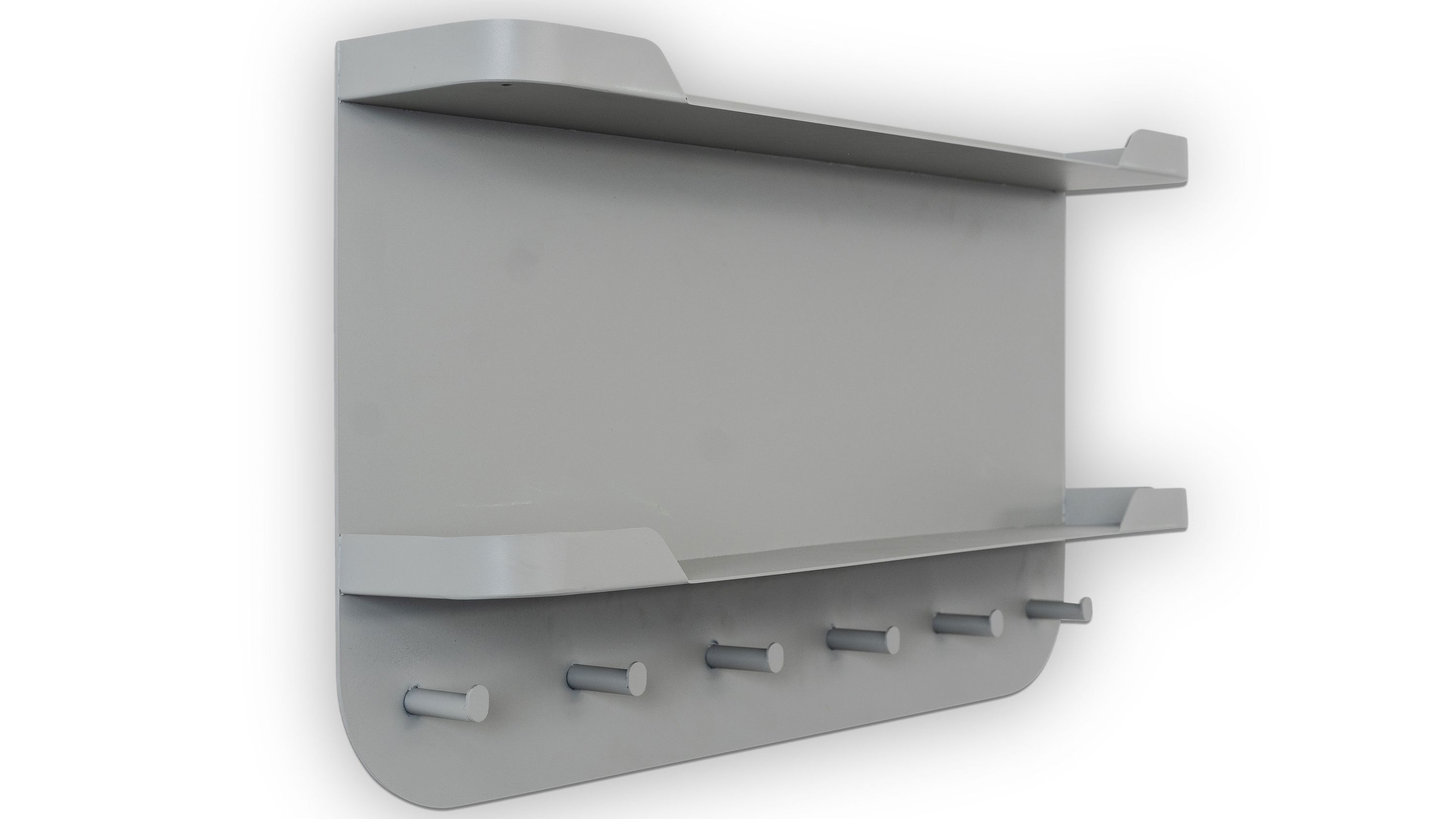 Graue Wandgarderobe mit zwei Ablageflächen und sechs Haken