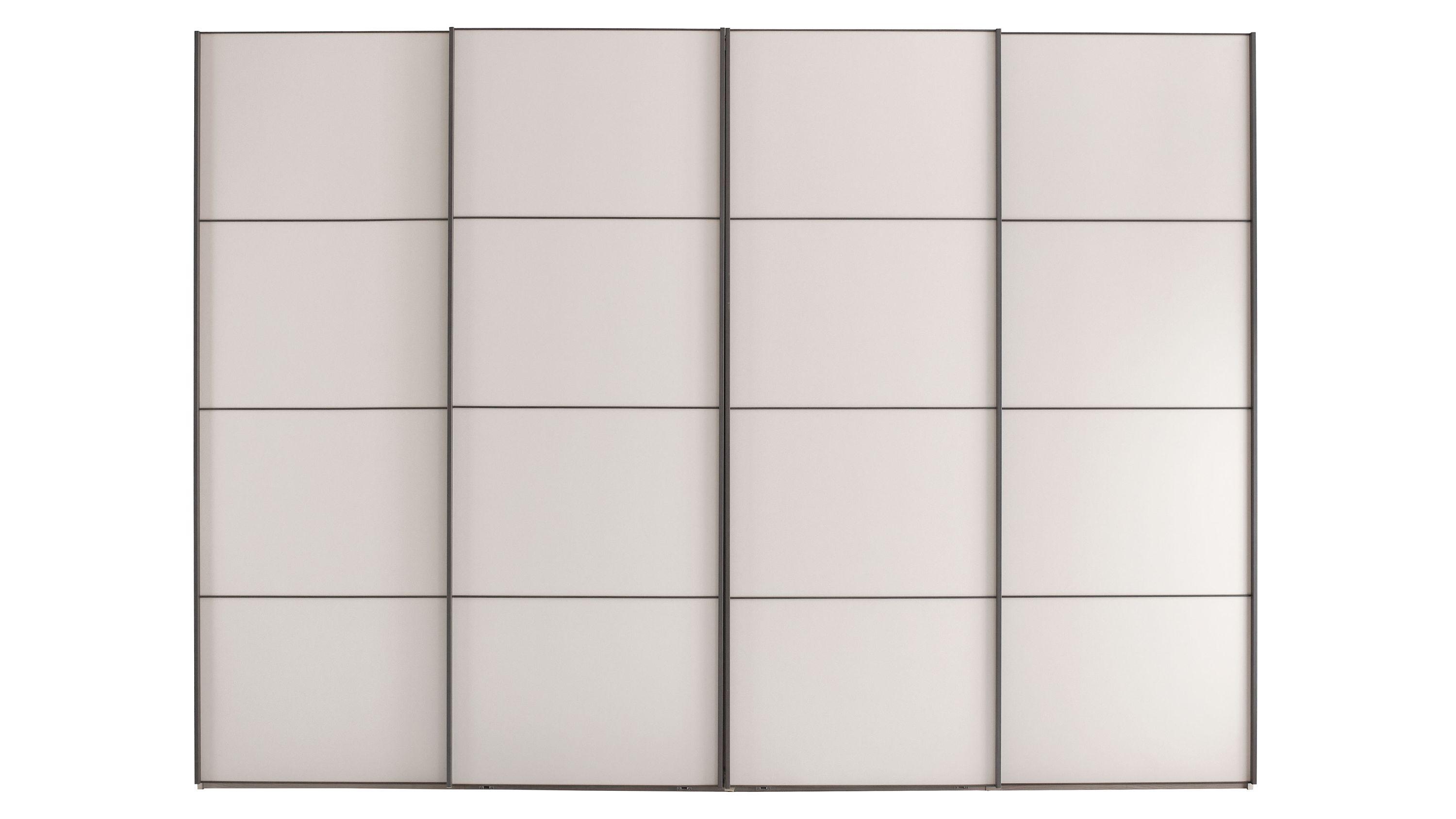 Vierflügeliger Kleiderschrank mit champagnerfarbenen Türen Vierflügeliger Kleiderschrank mit glatten champagnerfarbenen Türen und schmalen schieferfarbenen Rahmen