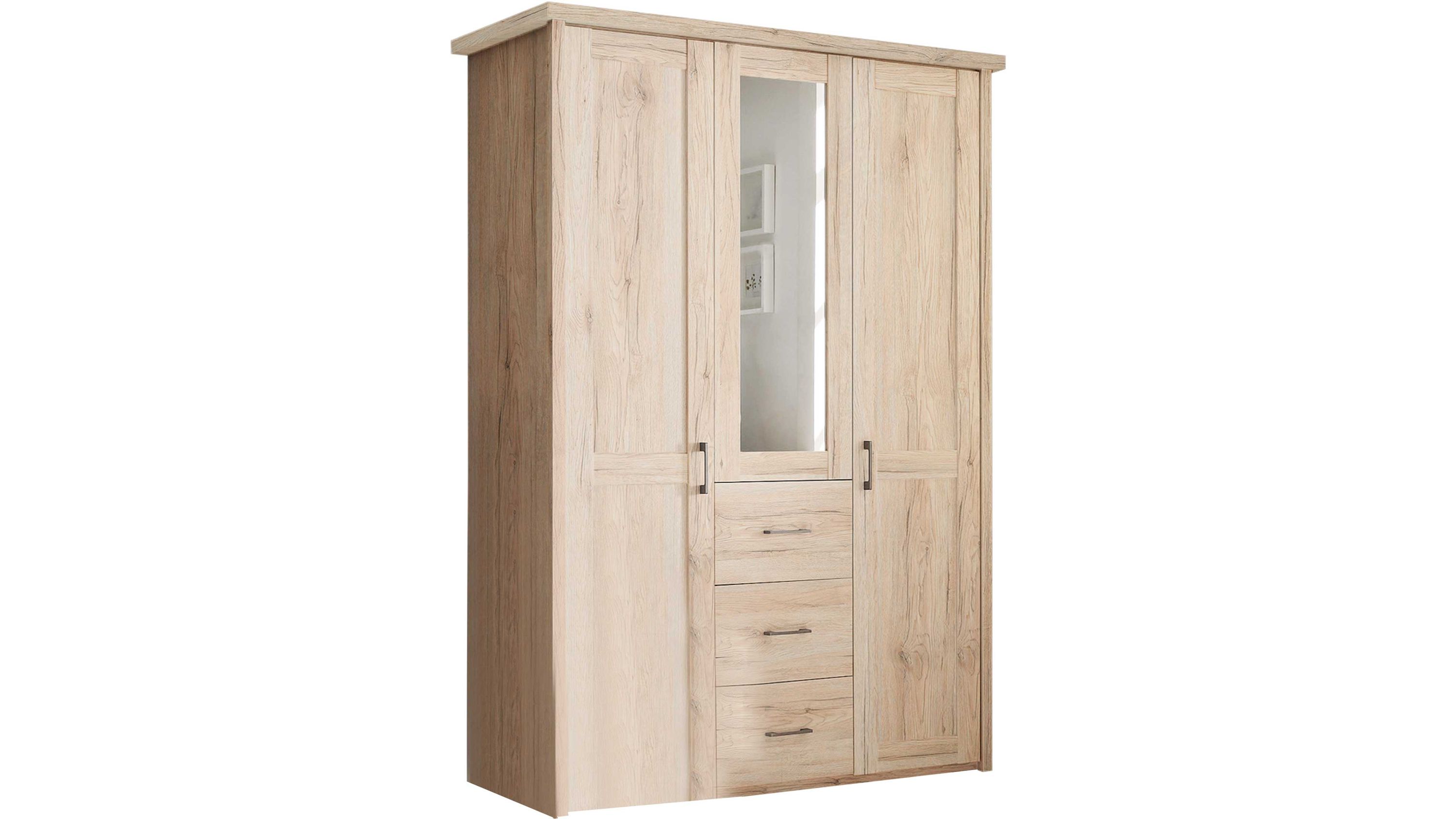 Kleiderschrank mit drei Türen und drei Schubladen in heller Holzoptik mittlere Tür mit Spiegel