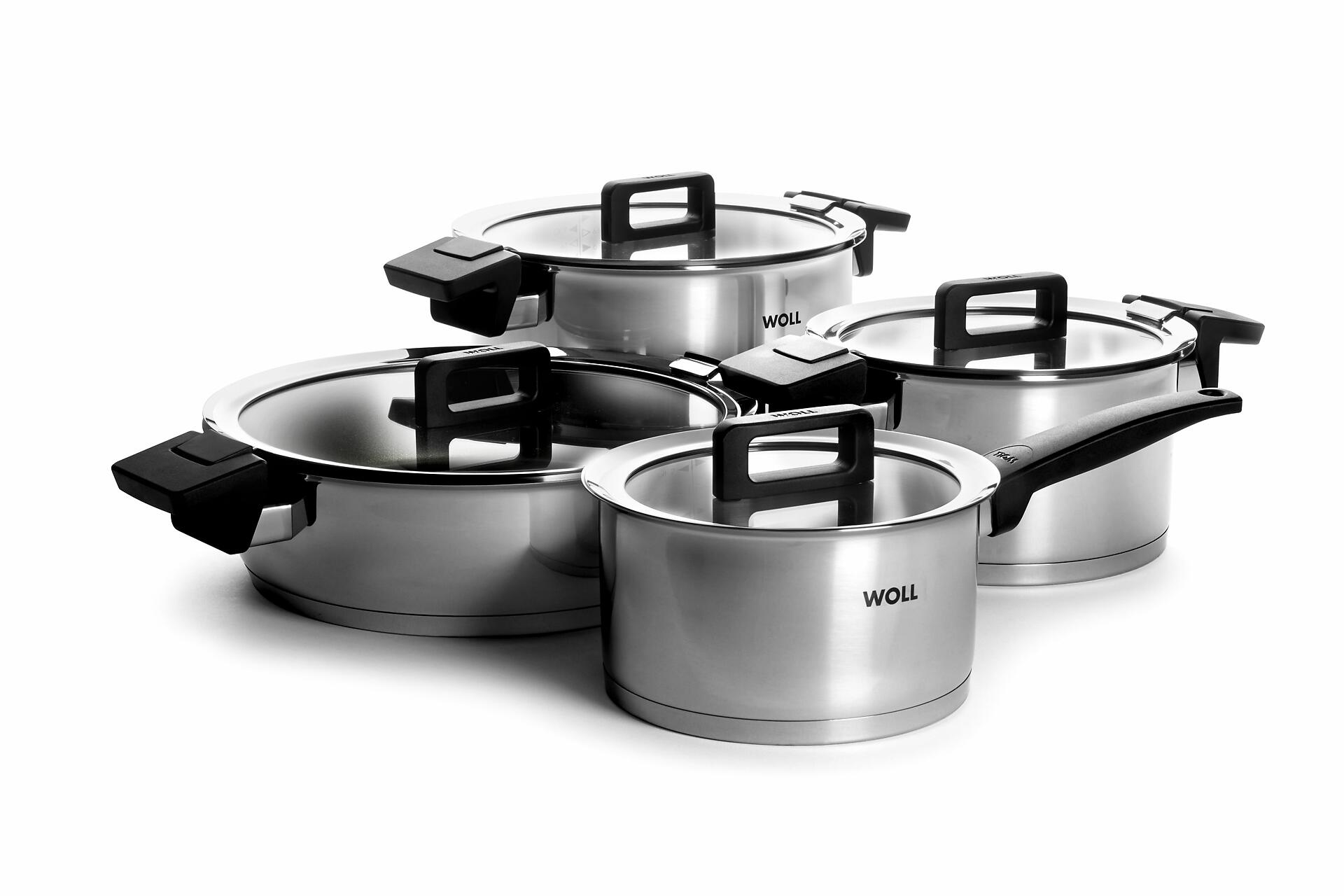 WOLL Kochtopf‑Set Concept 4‑tlg. Edelstahl 18/10 mit Alu‑Induktionsboden Ø 18/20/24/28 cm Abgießdeckel Alle Herdarten inkl. Induktion Backofenfest bis 200 °C Spülmaschinenfest